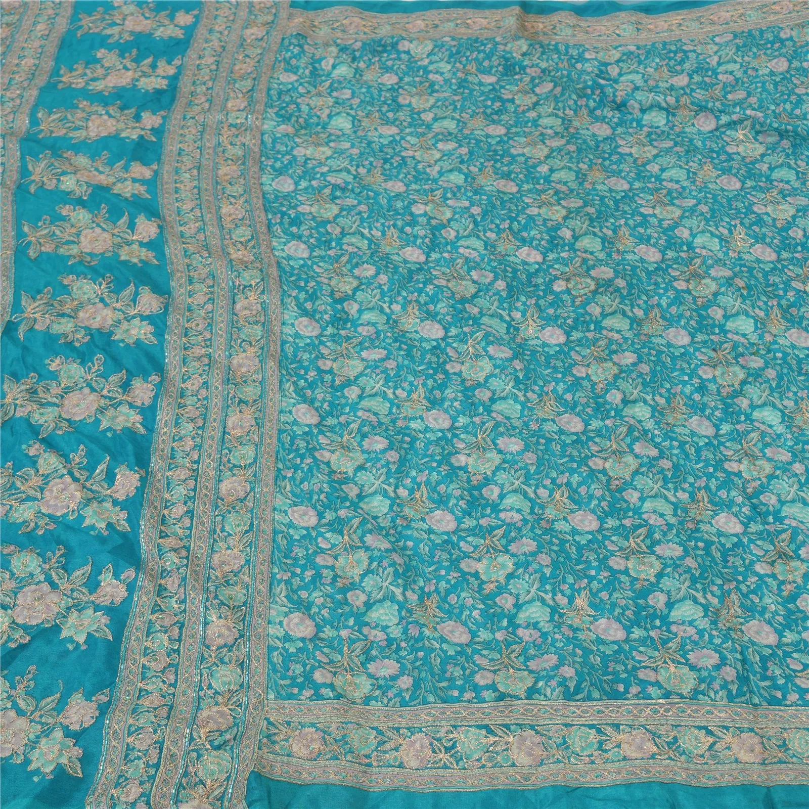 Sanskriti Vintage Blue Sarees Pure Silk Hand Beaded Premium Sari Craft Fabric