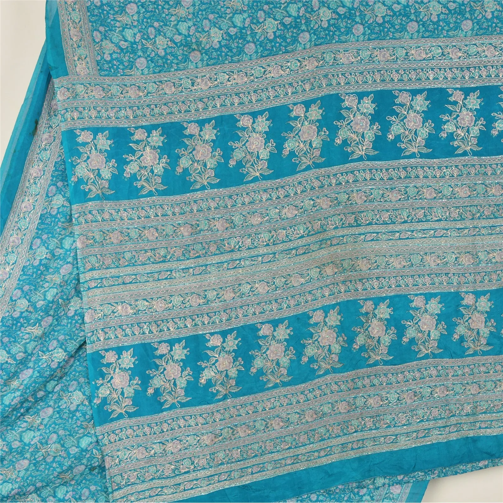 Sanskriti Vintage Blue Sarees Pure Silk Hand Beaded Premium Sari Craft Fabric