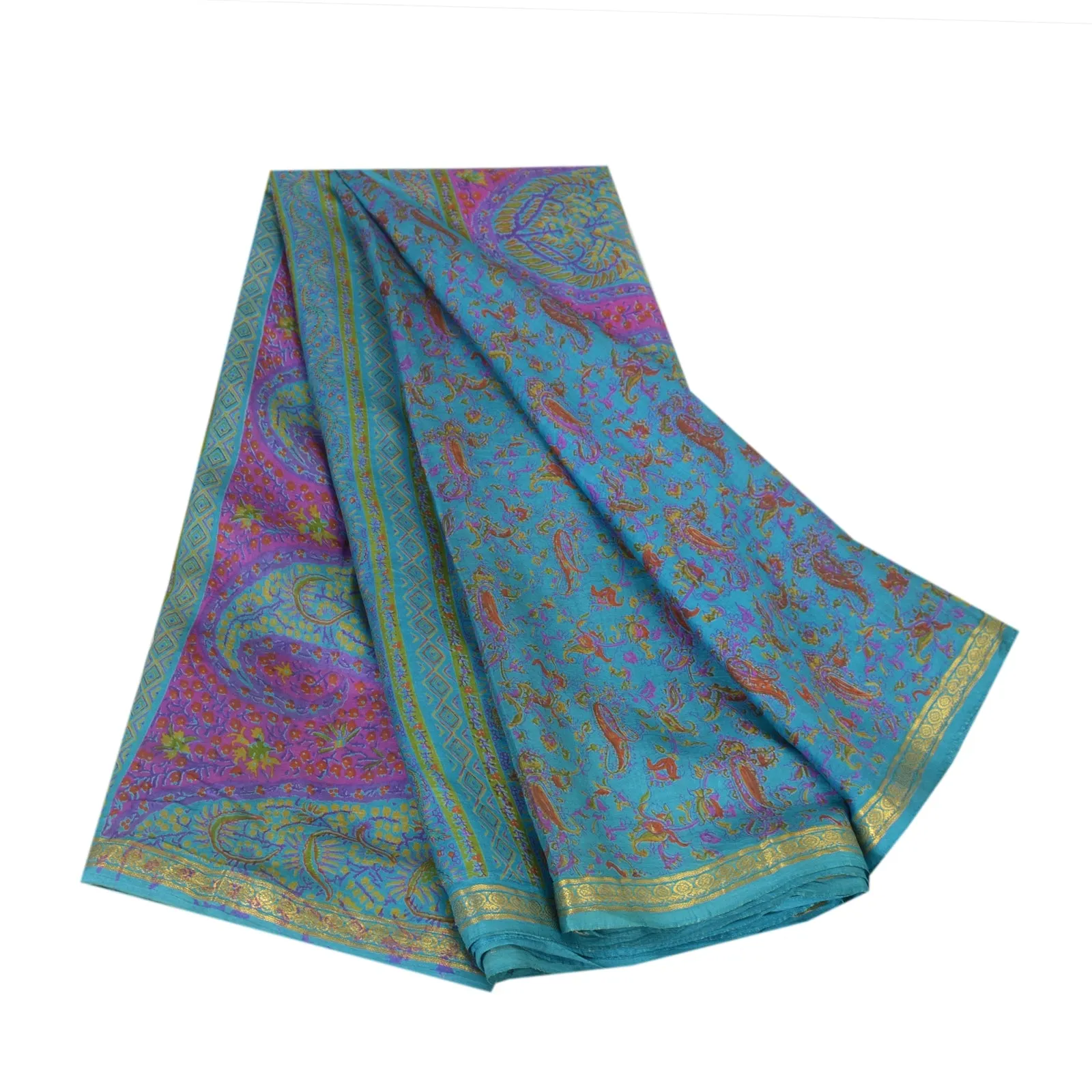 Sanskriti Vintage Blue Sarees Zari Border Pure Silk Printed Sari Craft Fabric