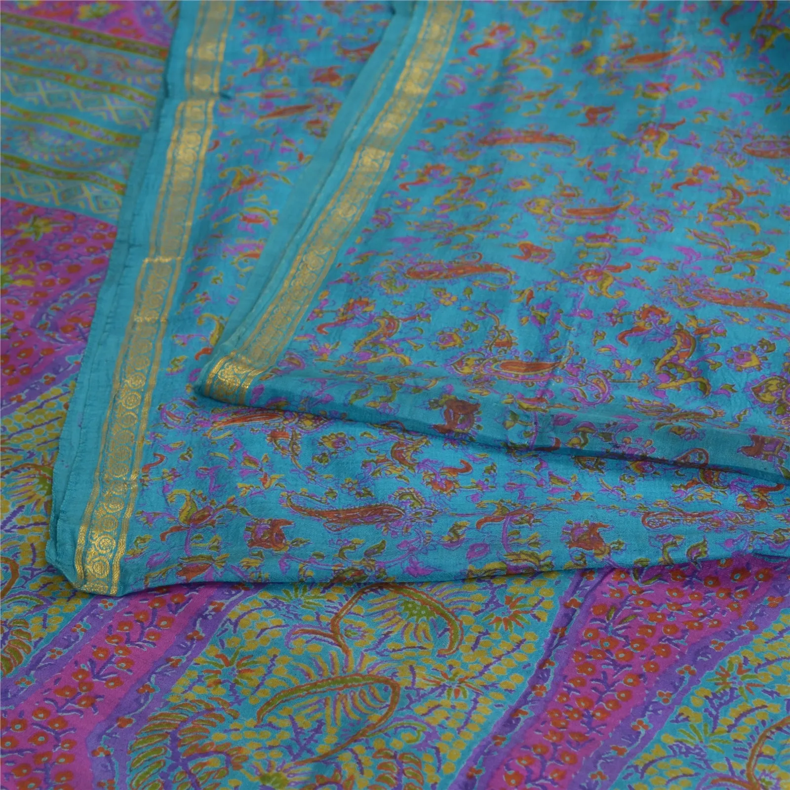 Sanskriti Vintage Blue Sarees Zari Border Pure Silk Printed Sari Craft Fabric