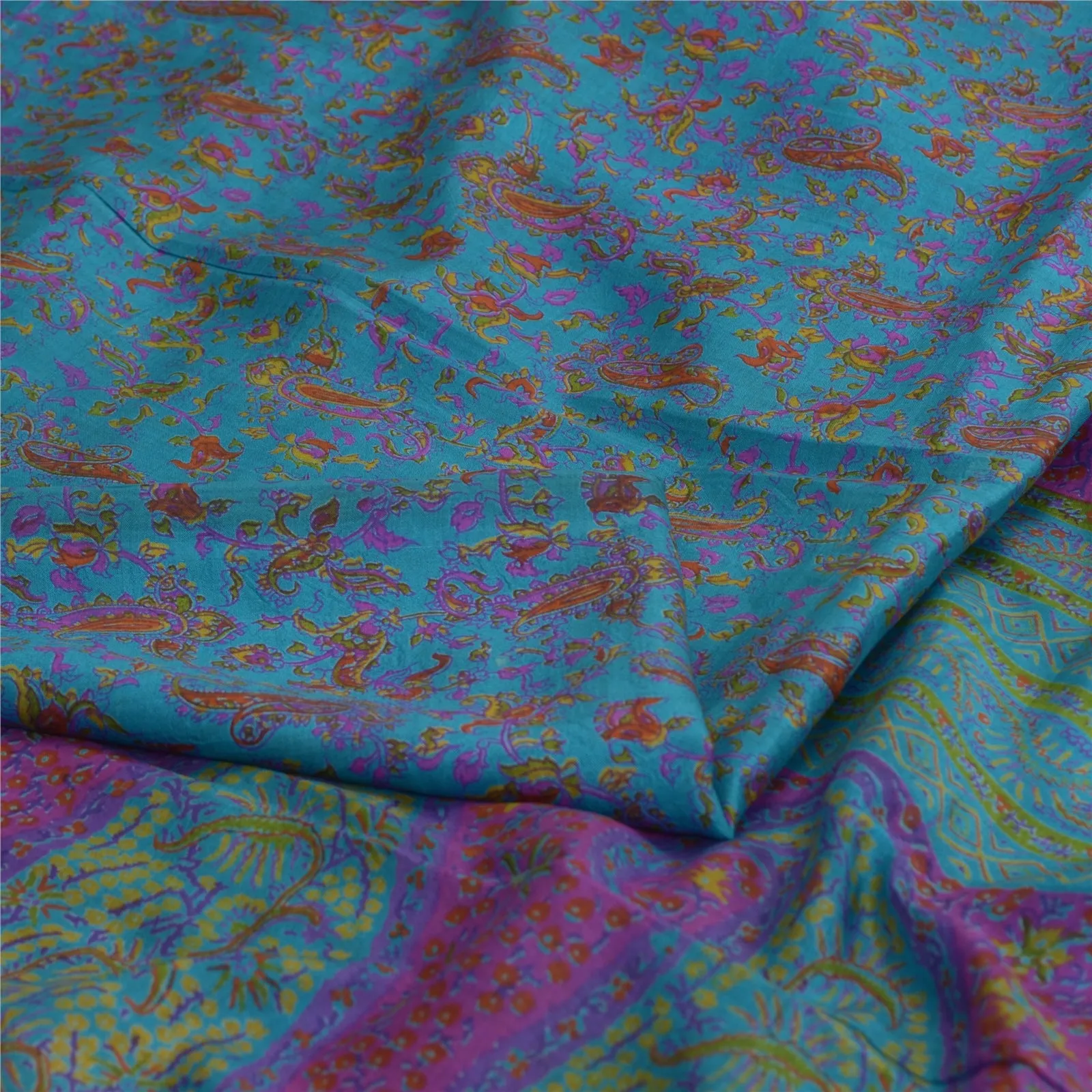 Sanskriti Vintage Blue Sarees Zari Border Pure Silk Printed Sari Craft Fabric