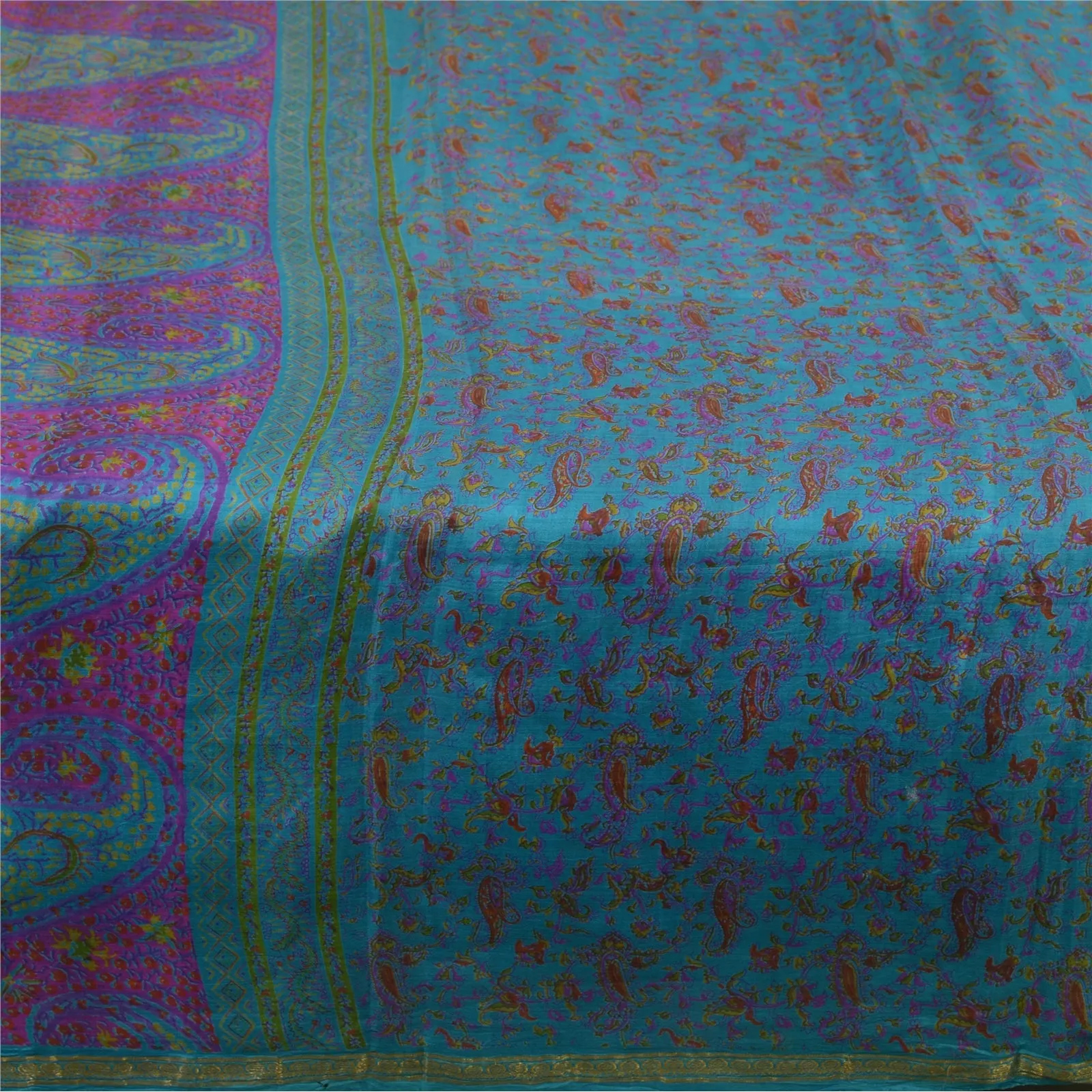 Sanskriti Vintage Blue Sarees Zari Border Pure Silk Printed Sari Craft Fabric