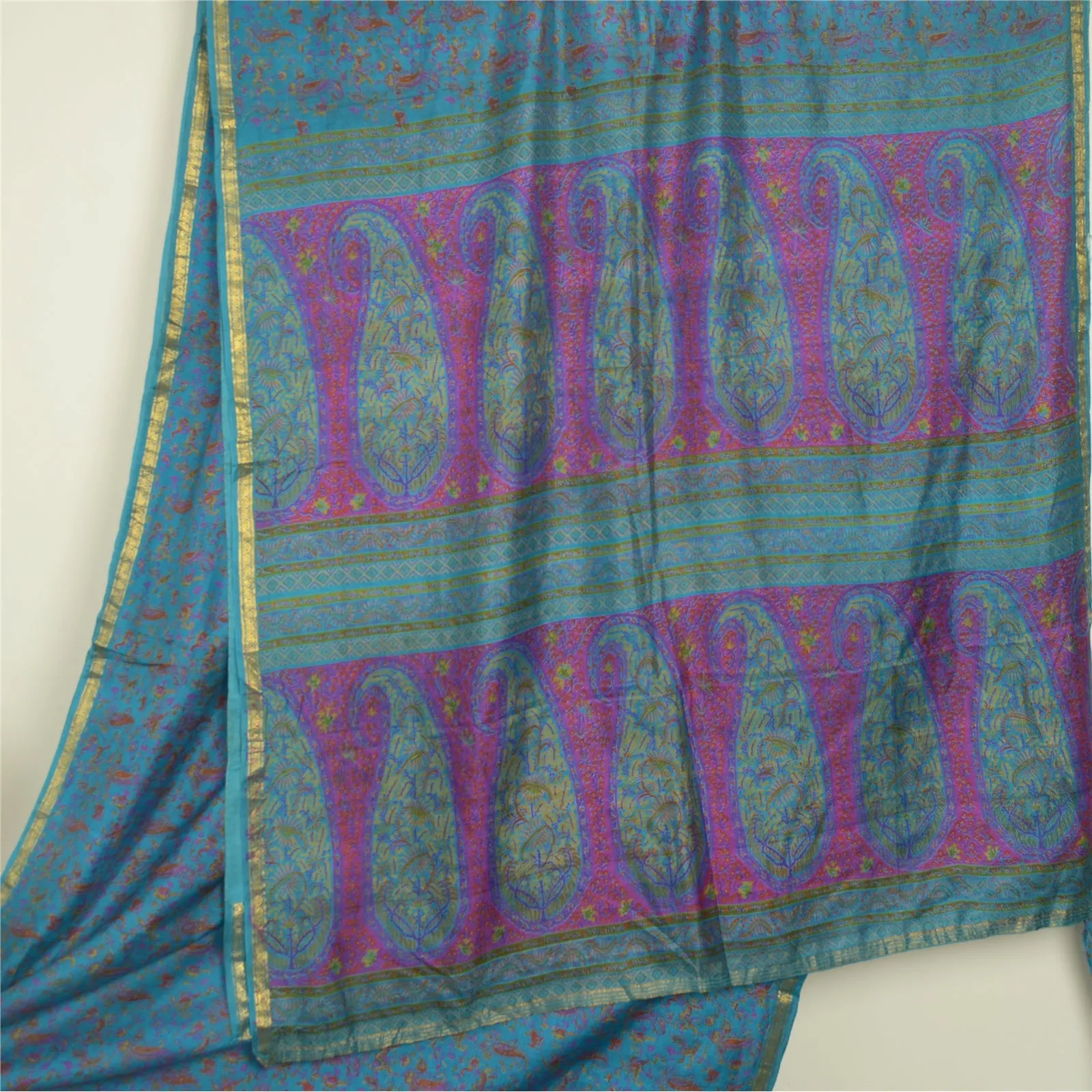 Sanskriti Vintage Blue Sarees Zari Border Pure Silk Printed Sari Craft Fabric