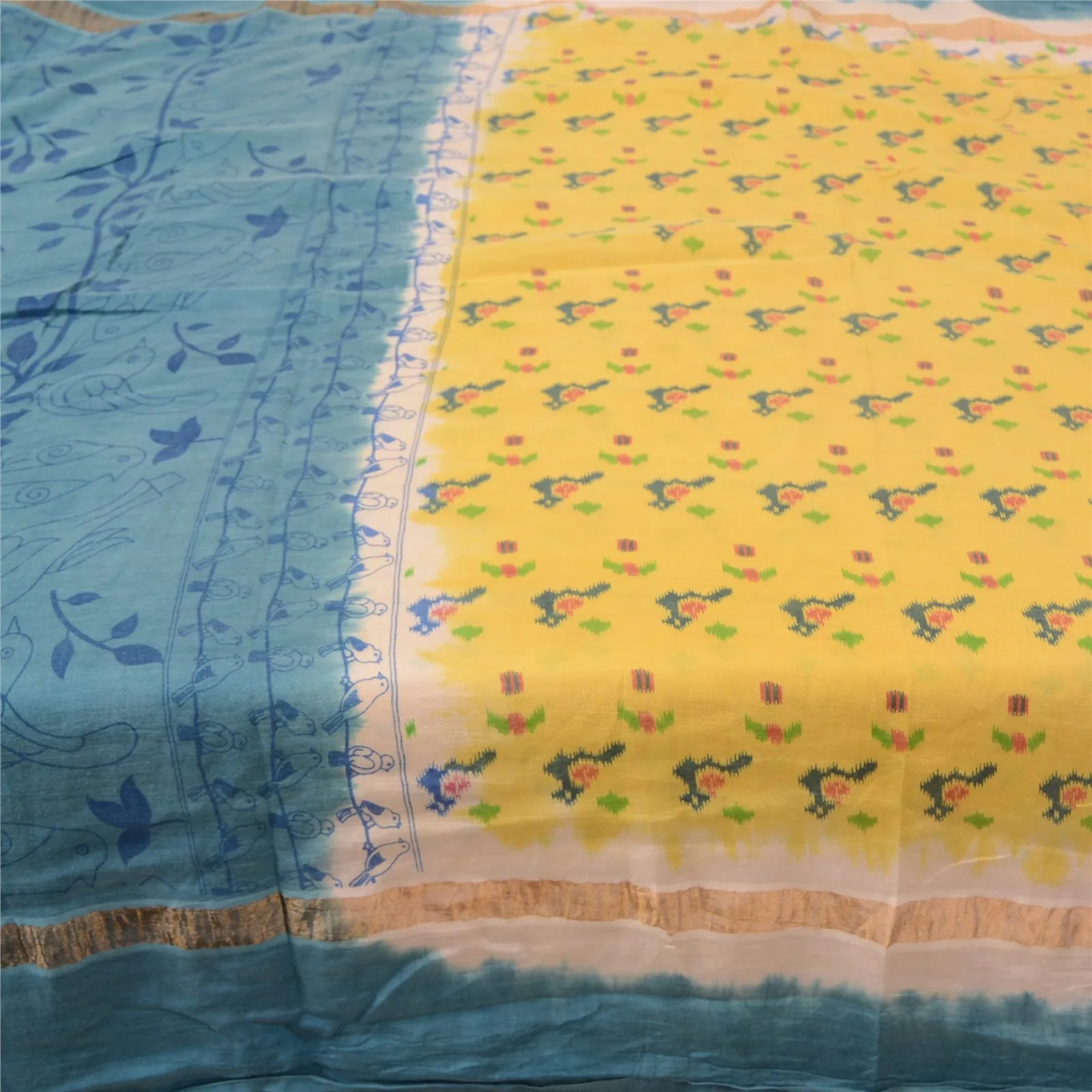 Sanskriti Vintage Blue/Yellow Sarees Pure Cotton Printed Sari Craft Soft Fabric