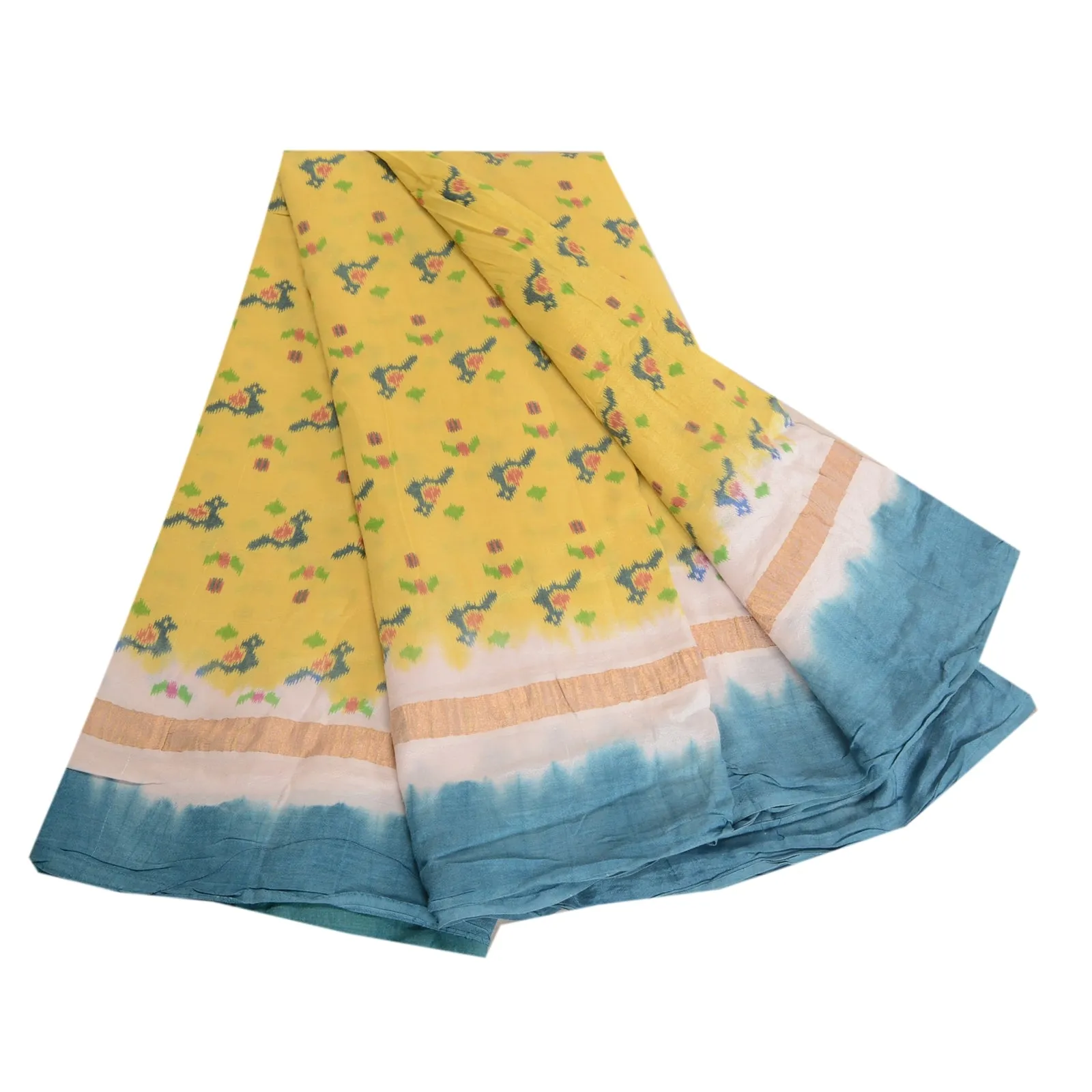 Sanskriti Vintage Blue/Yellow Sarees Pure Cotton Printed Sari Craft Soft Fabric