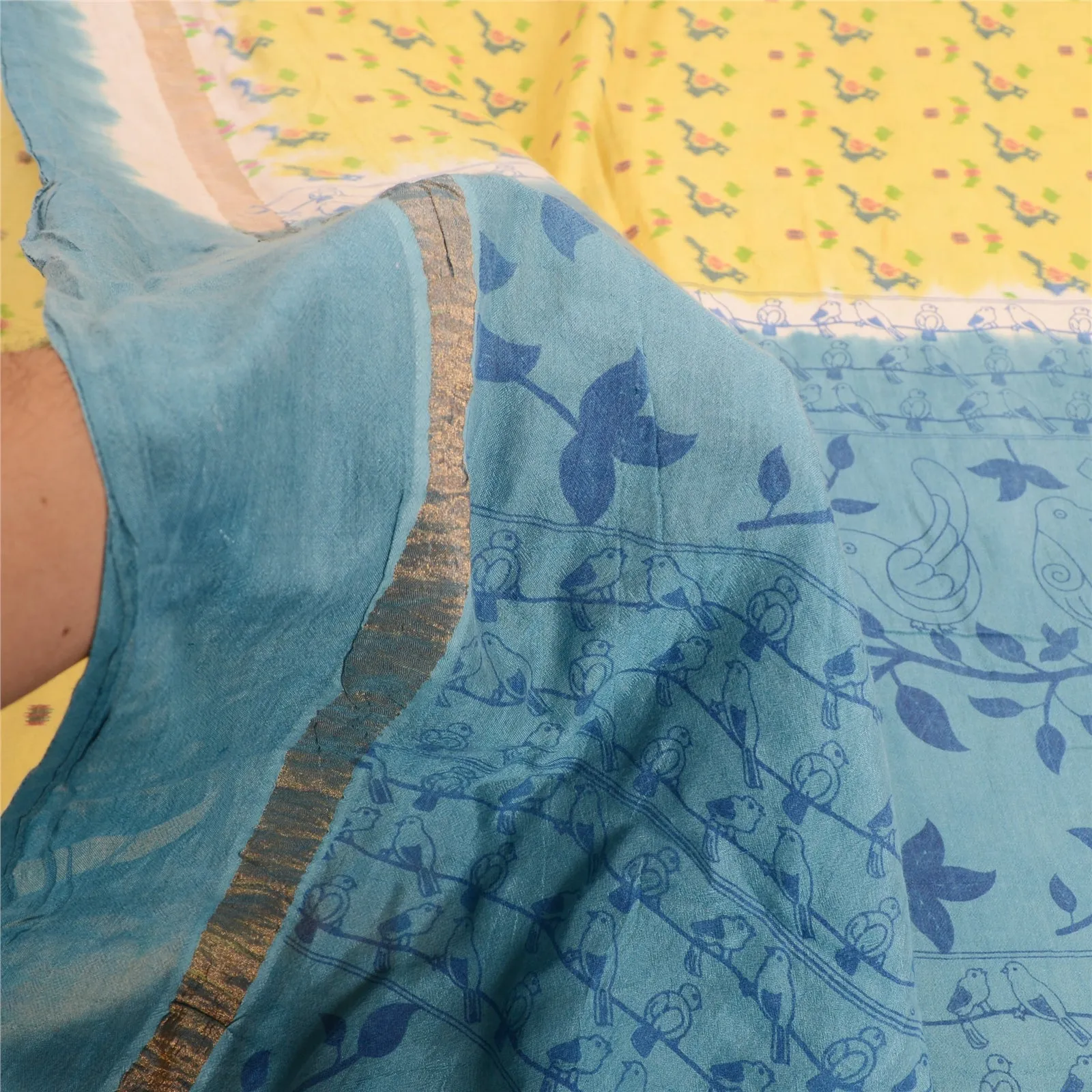 Sanskriti Vintage Blue/Yellow Sarees Pure Cotton Printed Sari Craft Soft Fabric