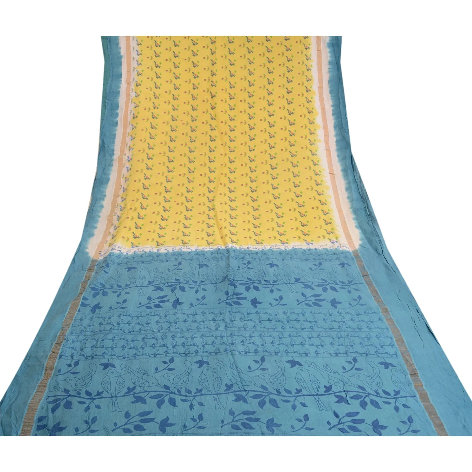 Sanskriti Vintage Blue/Yellow Sarees Pure Cotton Printed Sari Craft Soft Fabric