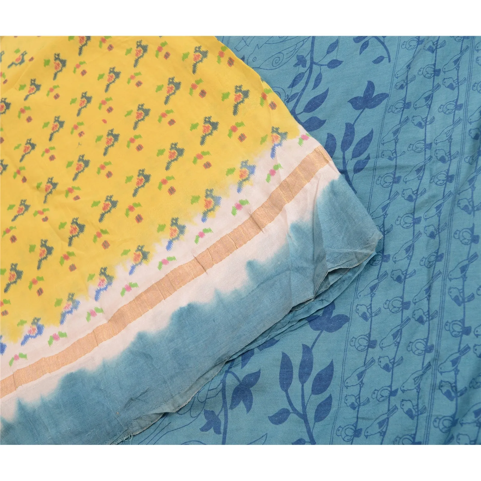 Sanskriti Vintage Blue/Yellow Sarees Pure Cotton Printed Sari Craft Soft Fabric