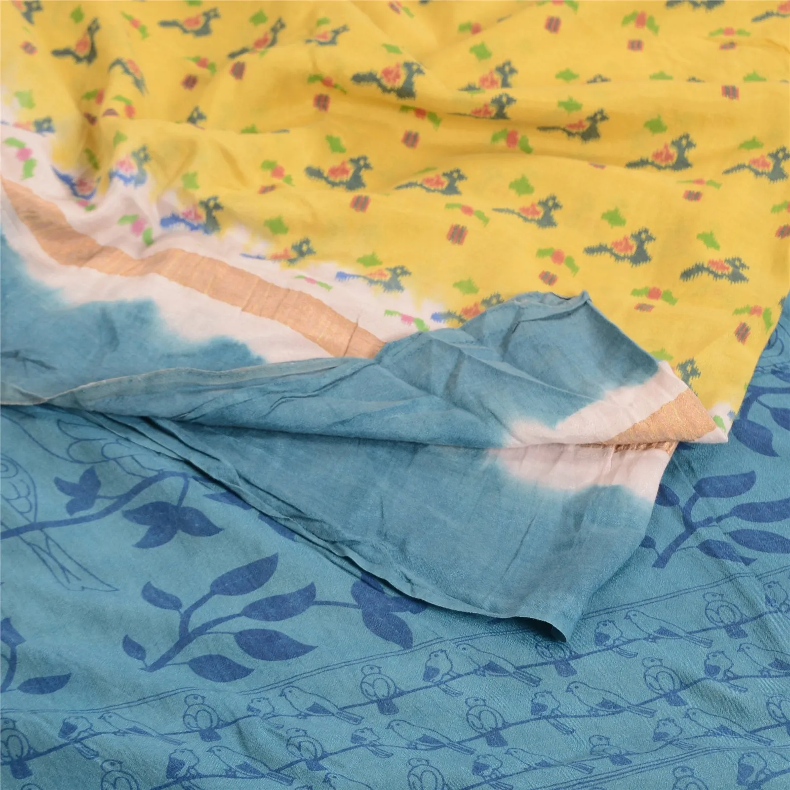 Sanskriti Vintage Blue/Yellow Sarees Pure Cotton Printed Sari Craft Soft Fabric