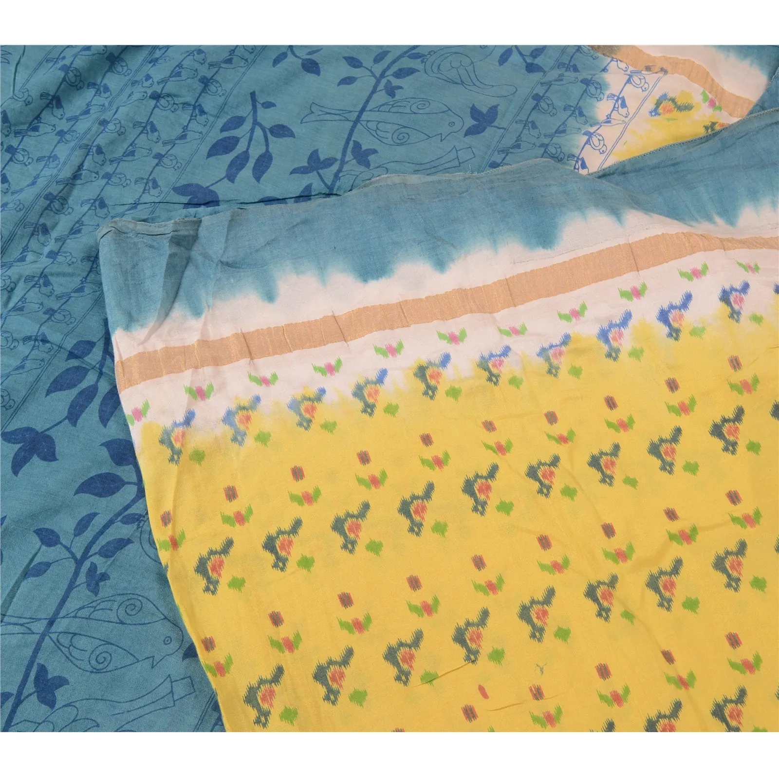 Sanskriti Vintage Blue/Yellow Sarees Pure Cotton Printed Sari Craft Soft Fabric