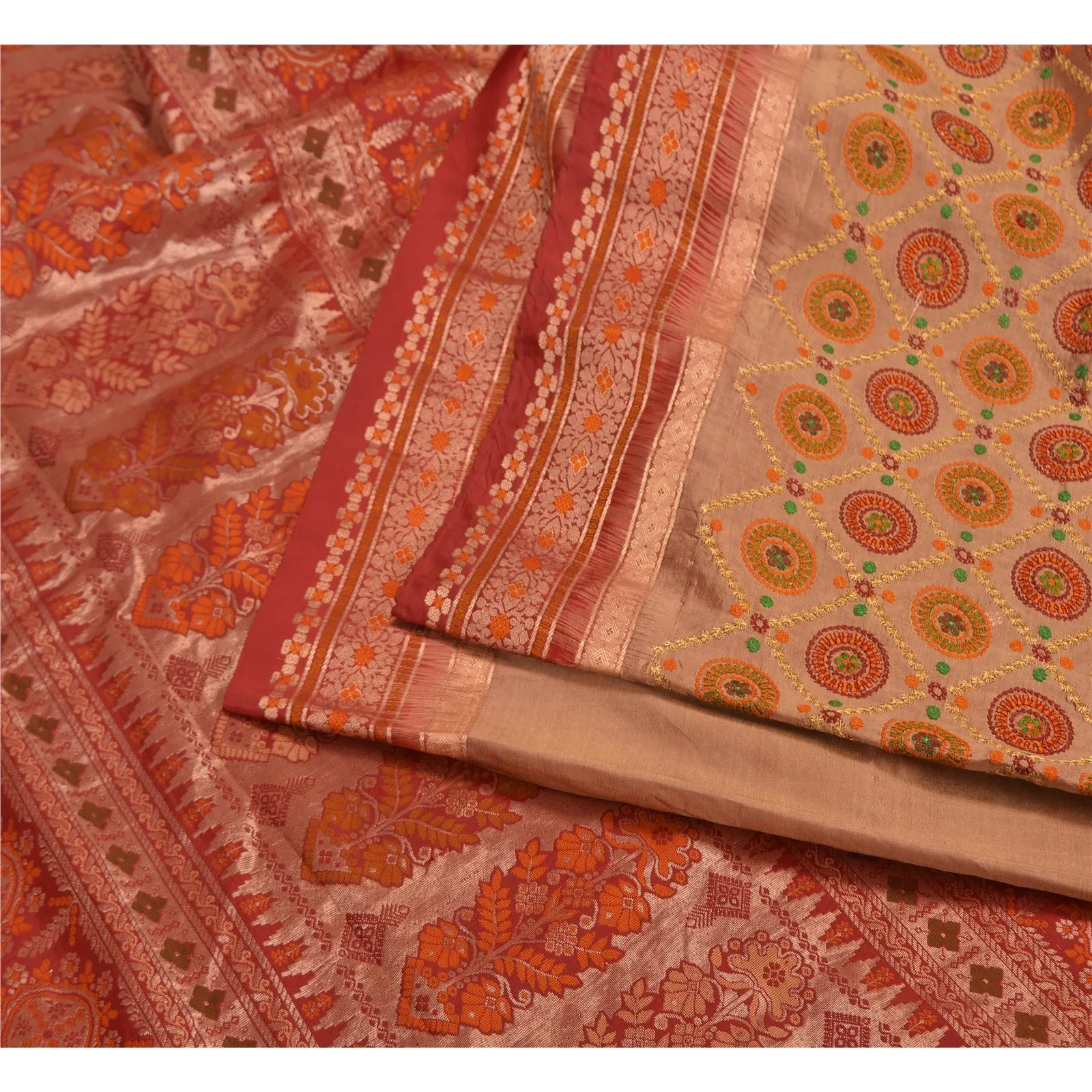 Sanskriti Vintage Dark Red/Brown Sarees Pure Silk Woven Brocade Zari Sari Fabric