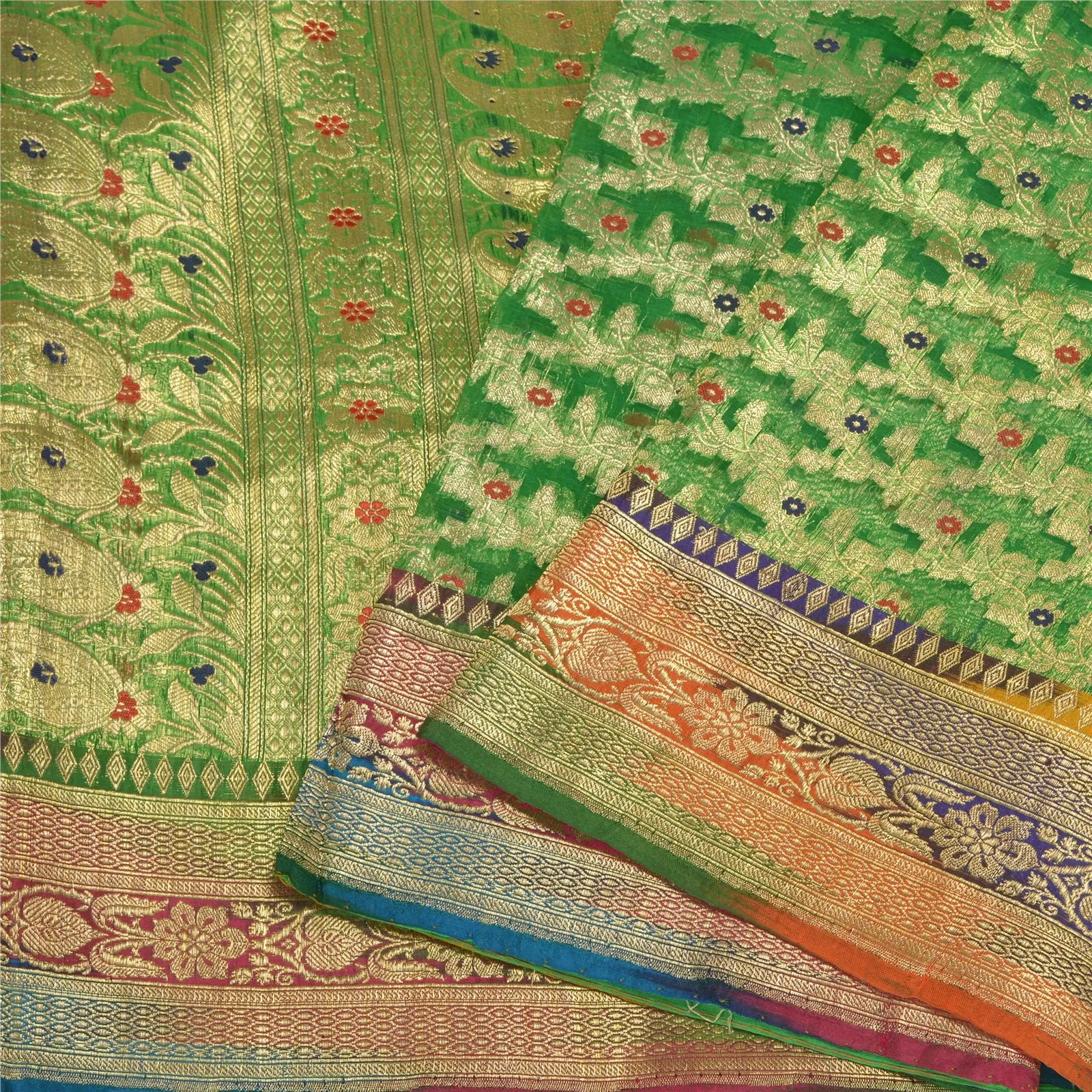 Sanskriti Vintage Green Sarees Pure Silk Woven Brocade/Banarasi Zari Sari Fabric