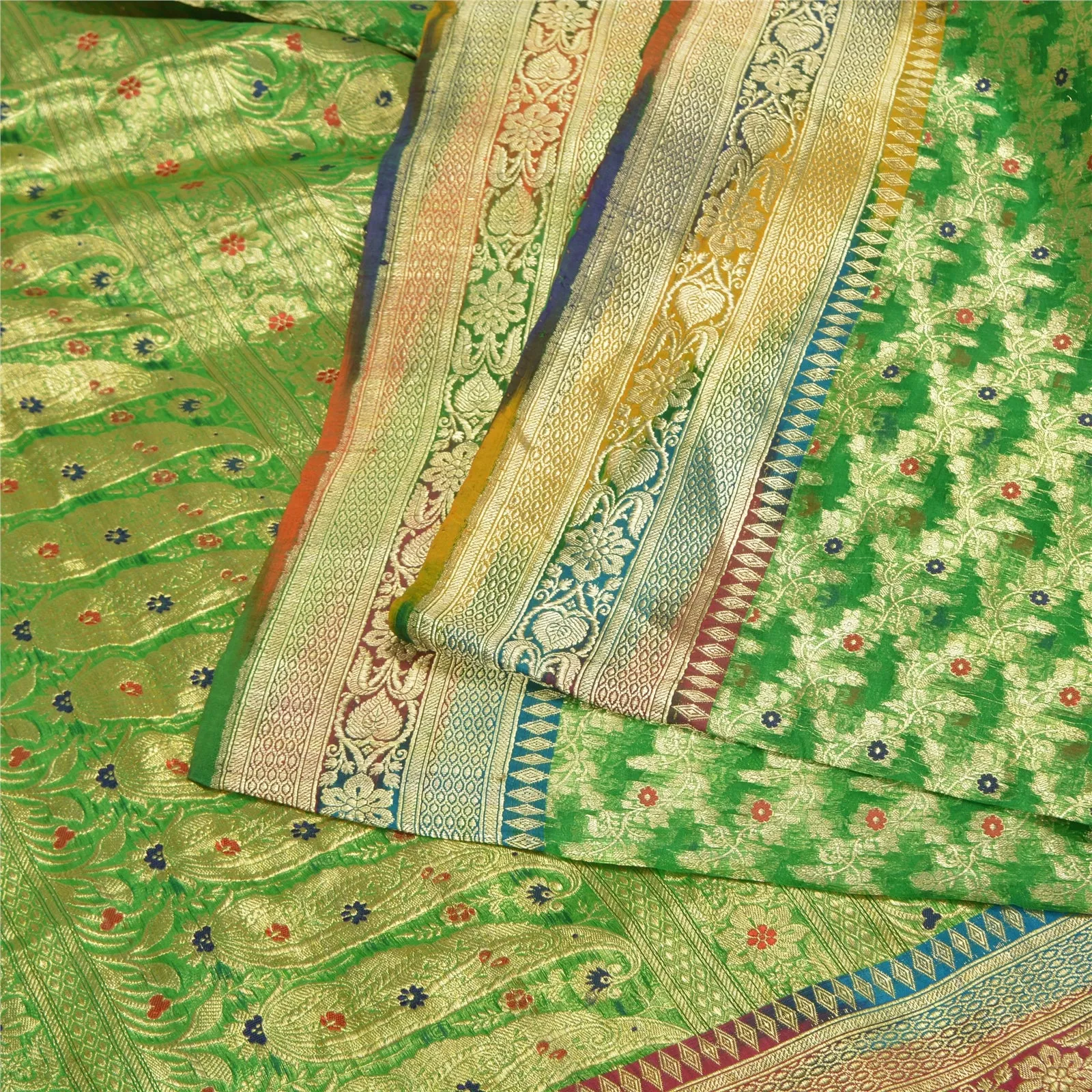 Sanskriti Vintage Green Sarees Pure Silk Woven Brocade/Banarasi Zari Sari Fabric