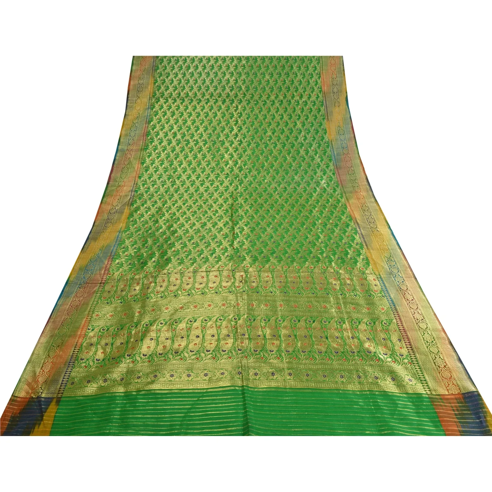 Sanskriti Vintage Green Sarees Pure Silk Woven Brocade/Banarasi Zari Sari Fabric