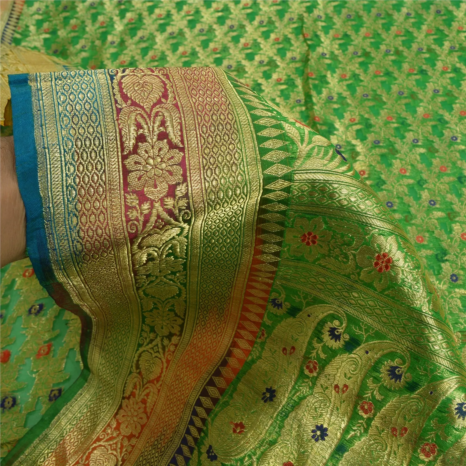 Sanskriti Vintage Green Sarees Pure Silk Woven Brocade/Banarasi Zari Sari Fabric