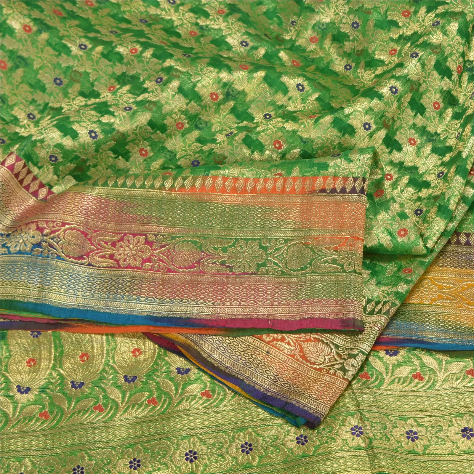 Sanskriti Vintage Green Sarees Pure Silk Woven Brocade/Banarasi Zari Sari Fabric