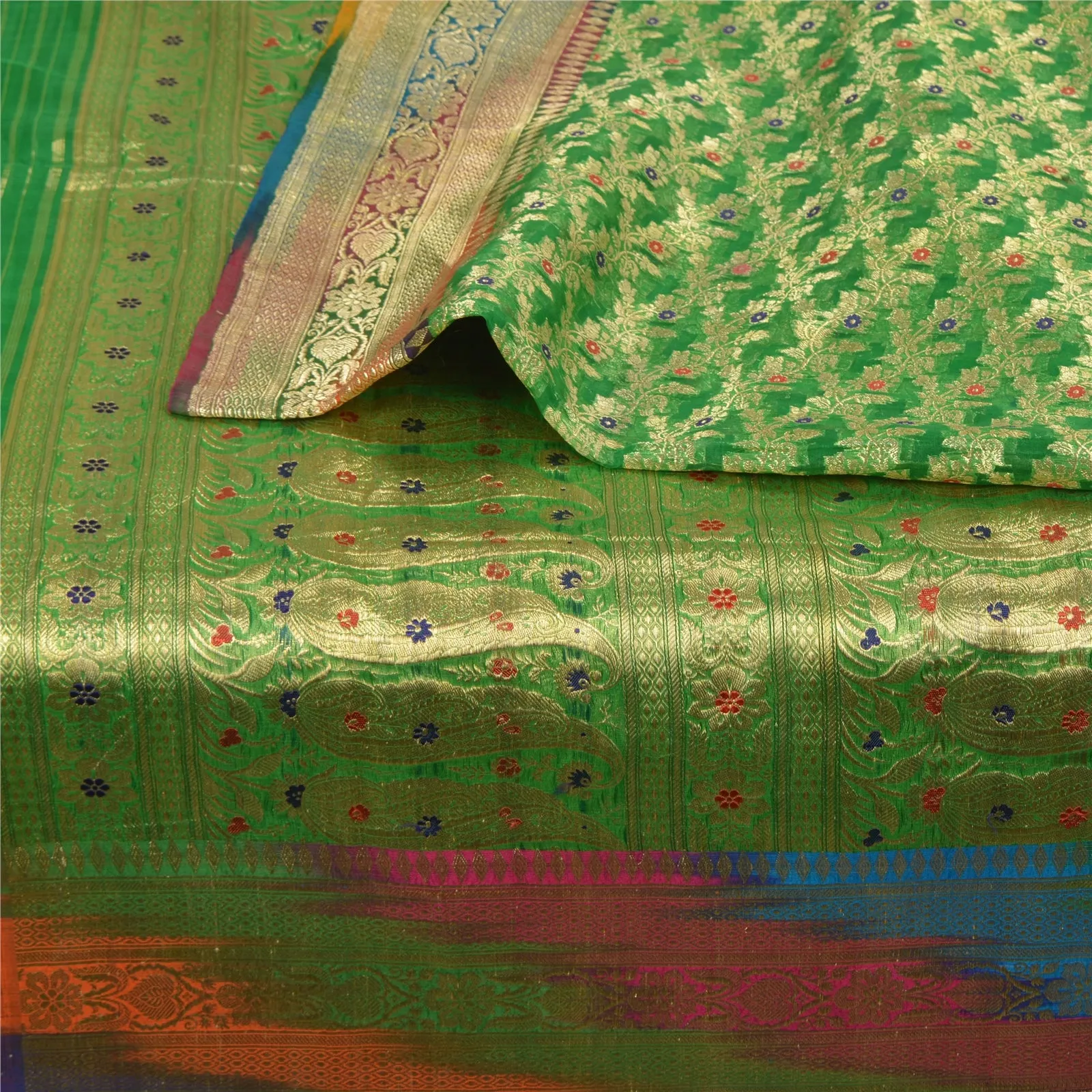 Sanskriti Vintage Green Sarees Pure Silk Woven Brocade/Banarasi Zari Sari Fabric