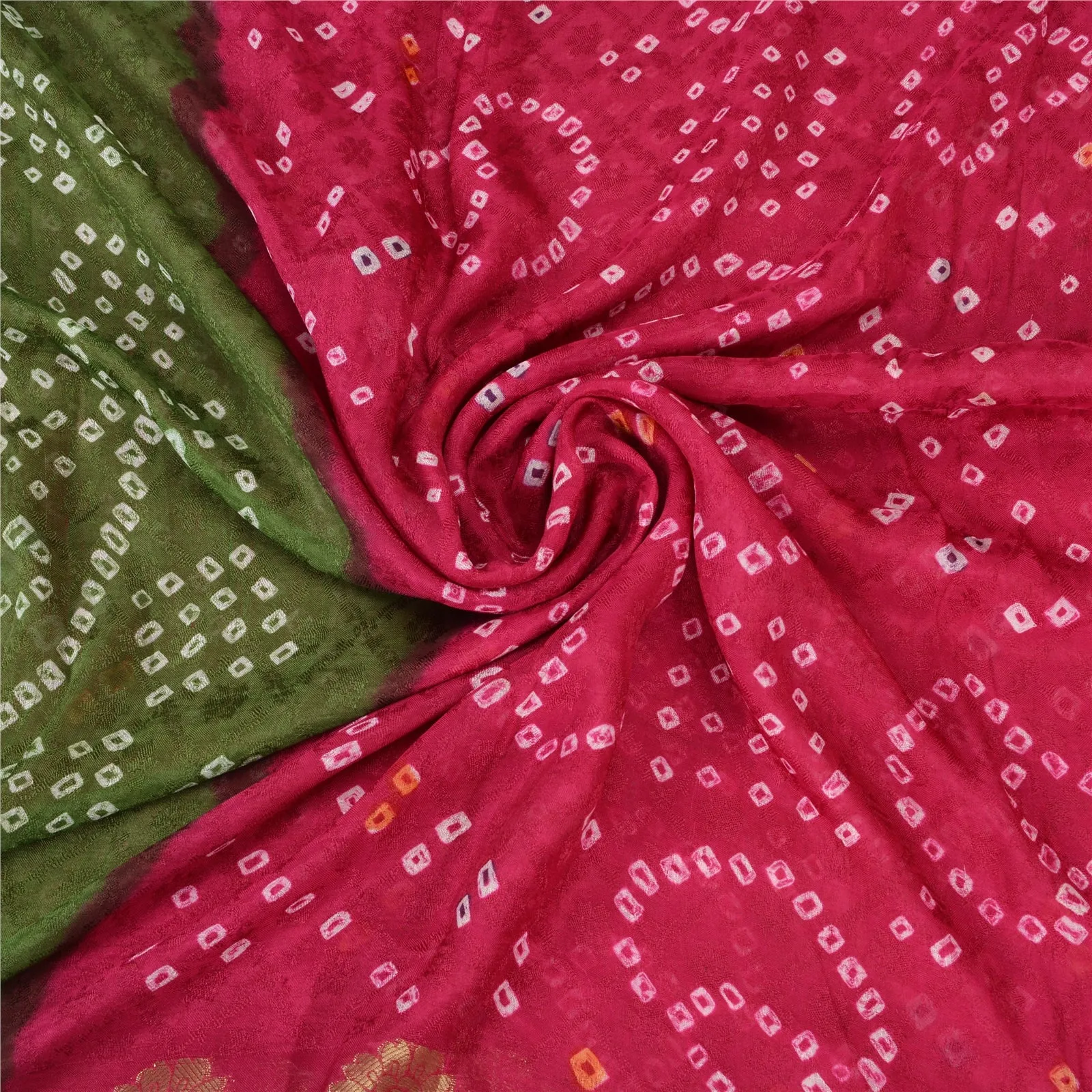 Sanskriti Vintage Green/Pink Sarees Pure Silk Bandhani Woven Premium Sari Fabric