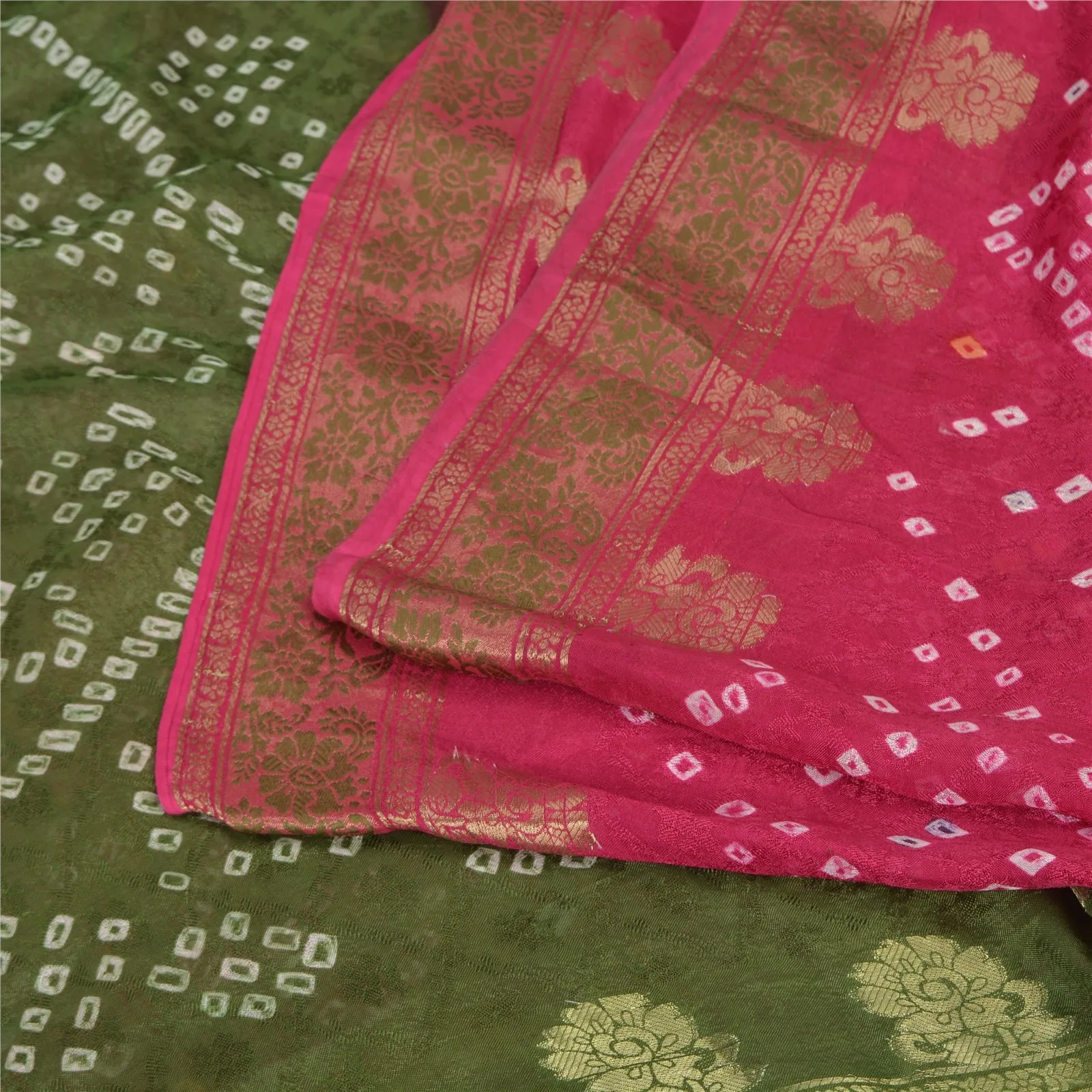 Sanskriti Vintage Green/Pink Sarees Pure Silk Bandhani Woven Premium Sari Fabric