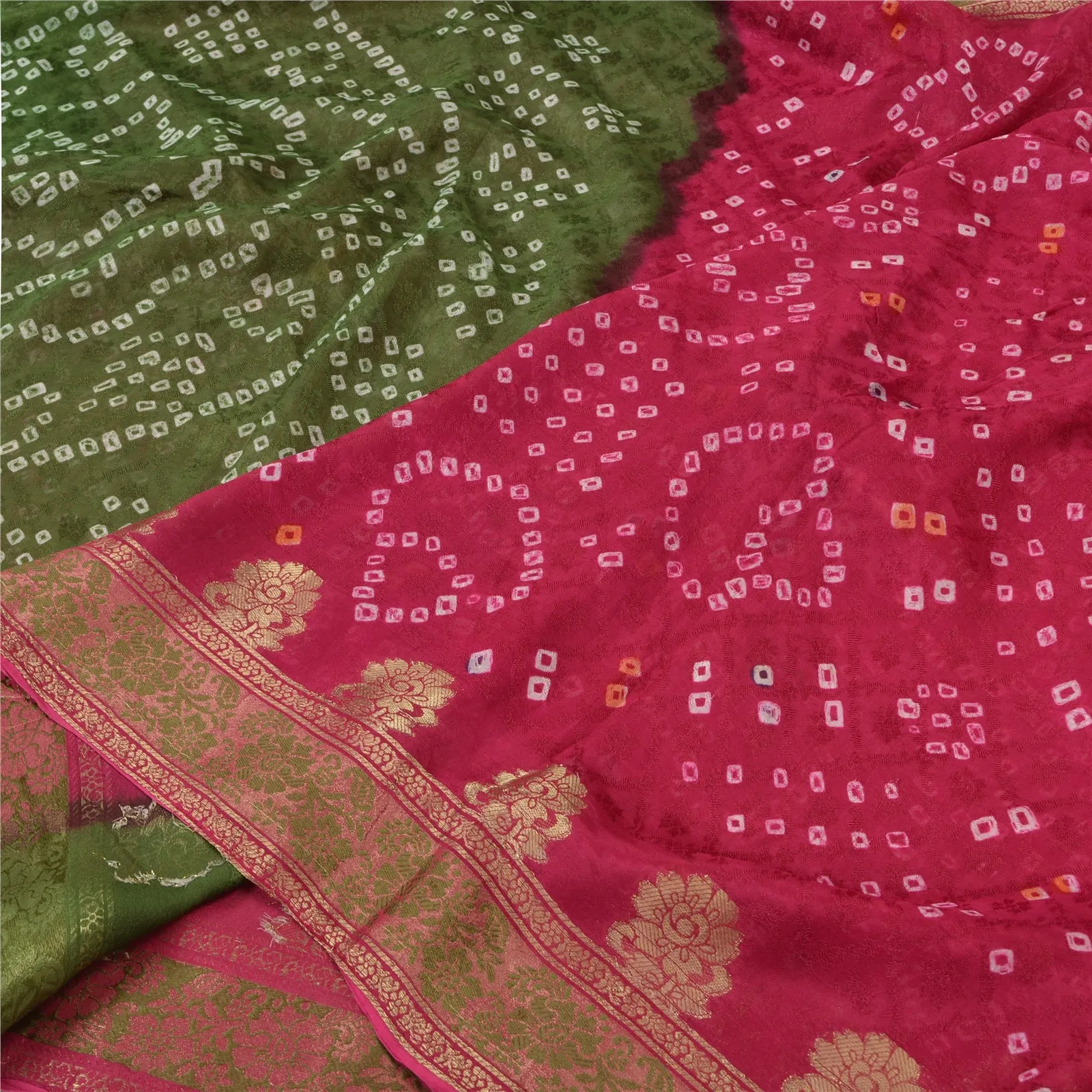 Sanskriti Vintage Green/Pink Sarees Pure Silk Bandhani Woven Premium Sari Fabric