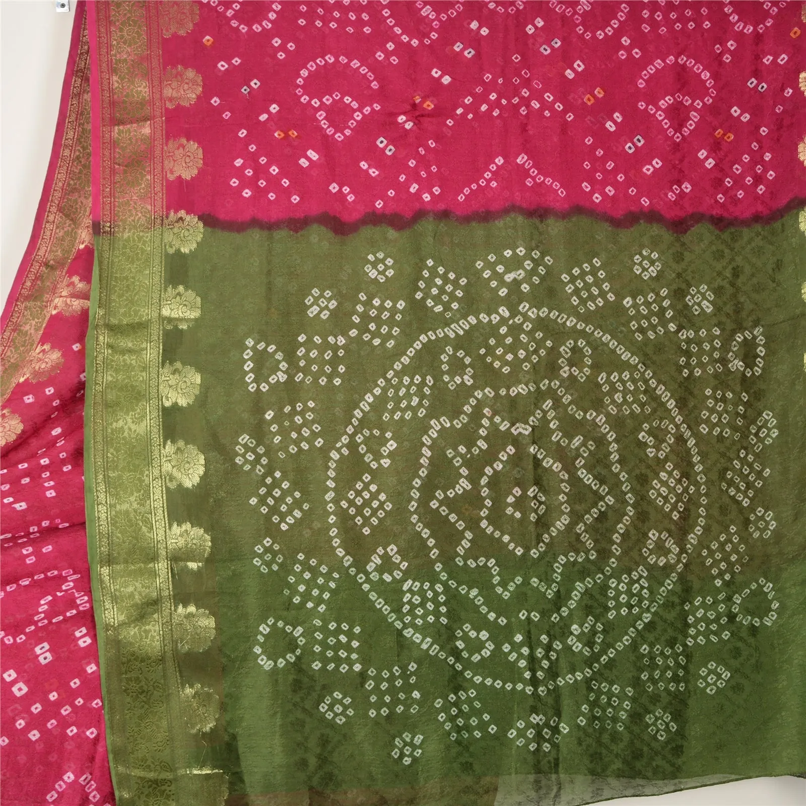 Sanskriti Vintage Green/Pink Sarees Pure Silk Bandhani Woven Premium Sari Fabric