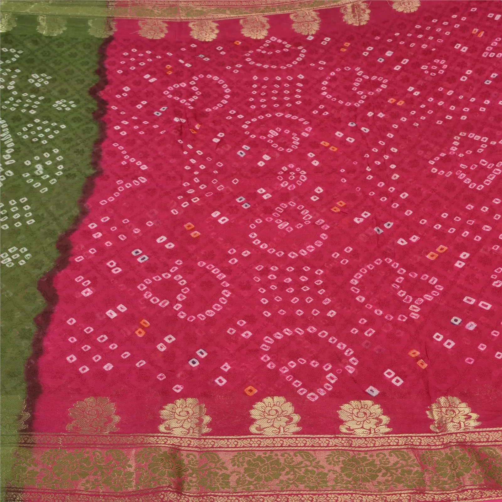 Sanskriti Vintage Green/Pink Sarees Pure Silk Bandhani Woven Premium Sari Fabric