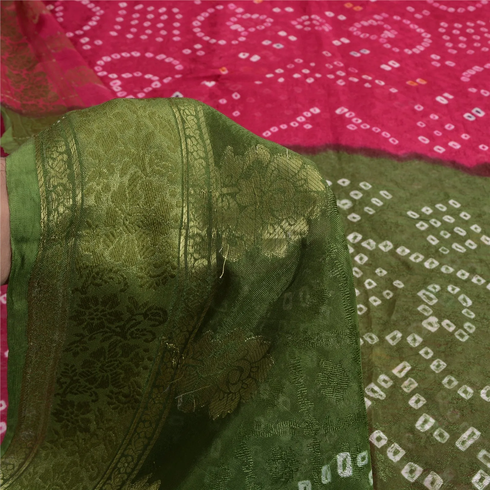 Sanskriti Vintage Green/Pink Sarees Pure Silk Bandhani Woven Premium Sari Fabric