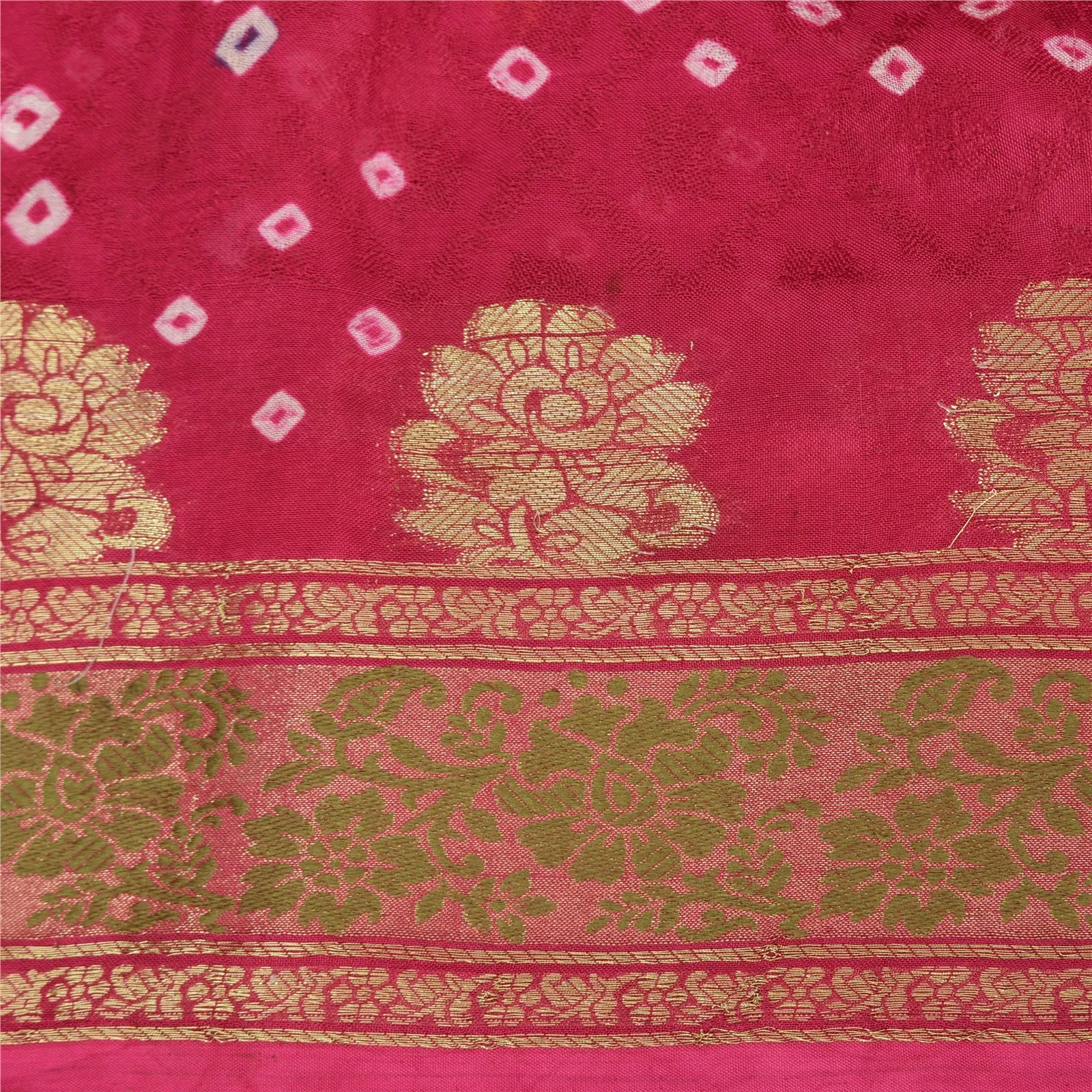 Sanskriti Vintage Green/Pink Sarees Pure Silk Bandhani Woven Premium Sari Fabric