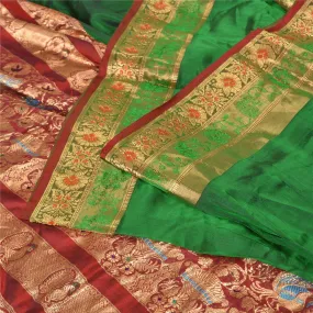 Sanskriti Vintage Green/Red Sarees Pure Silk Woven Brocade/Banarasi Sari Fabric