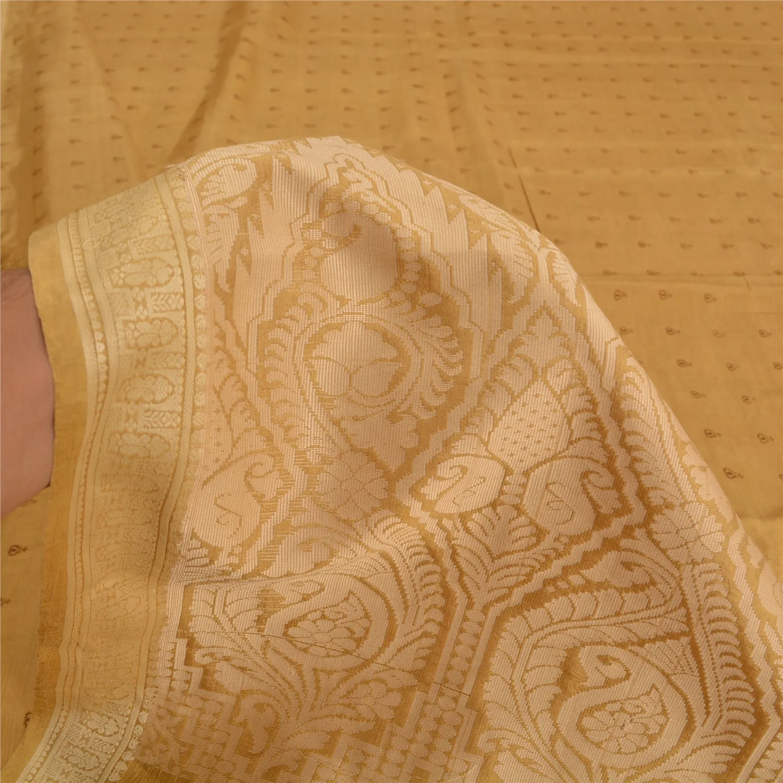 Sanskriti Vintage Mustard Indian Sarees 100% Pure Silk Woven Sari Craft Fabric