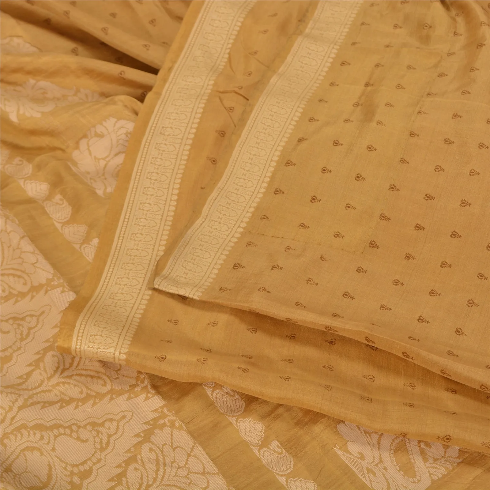 Sanskriti Vintage Mustard Indian Sarees 100% Pure Silk Woven Sari Craft Fabric