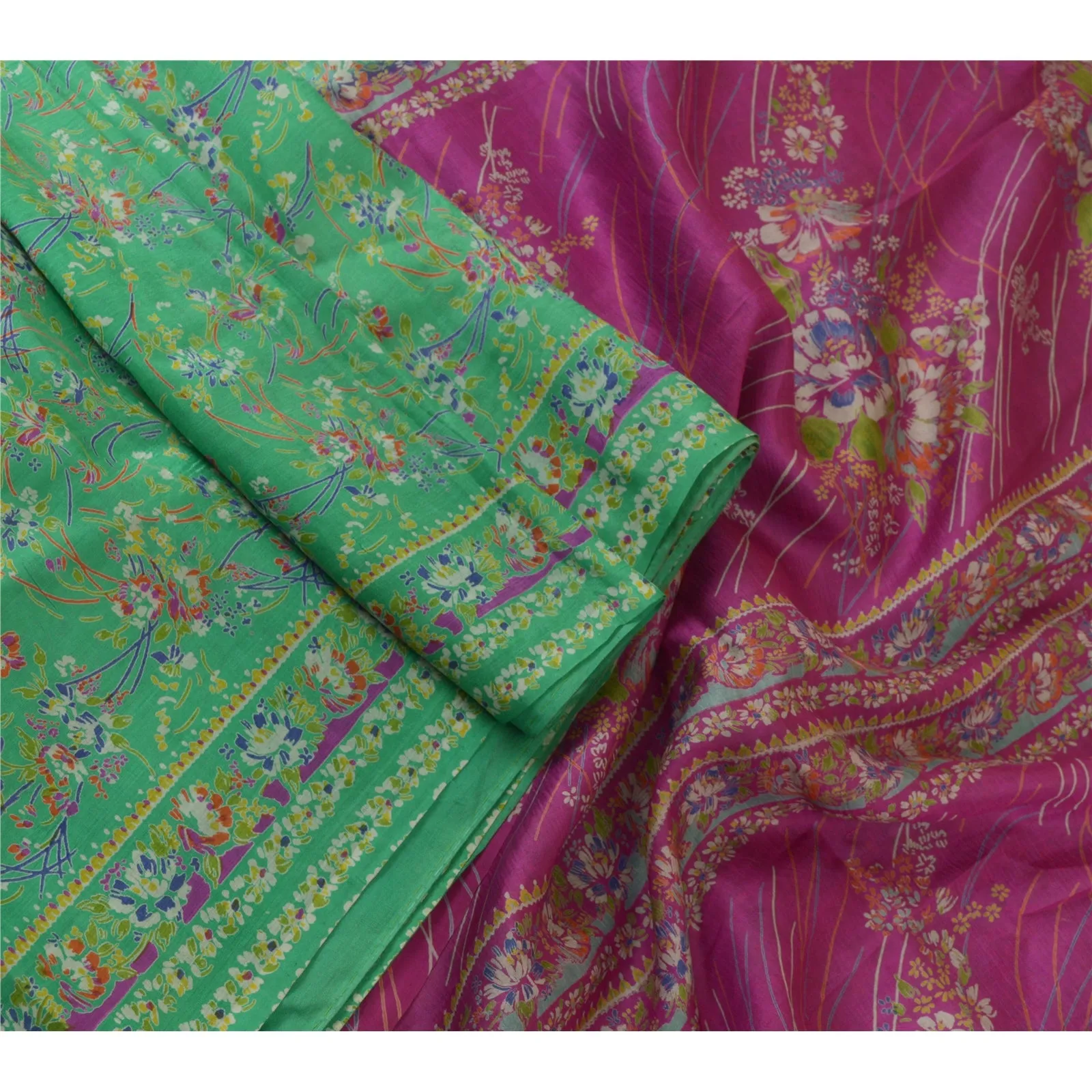 Sanskriti Vintage Purple/Green Sarees 100% Pure Silk Printed Sari Craft Fabric