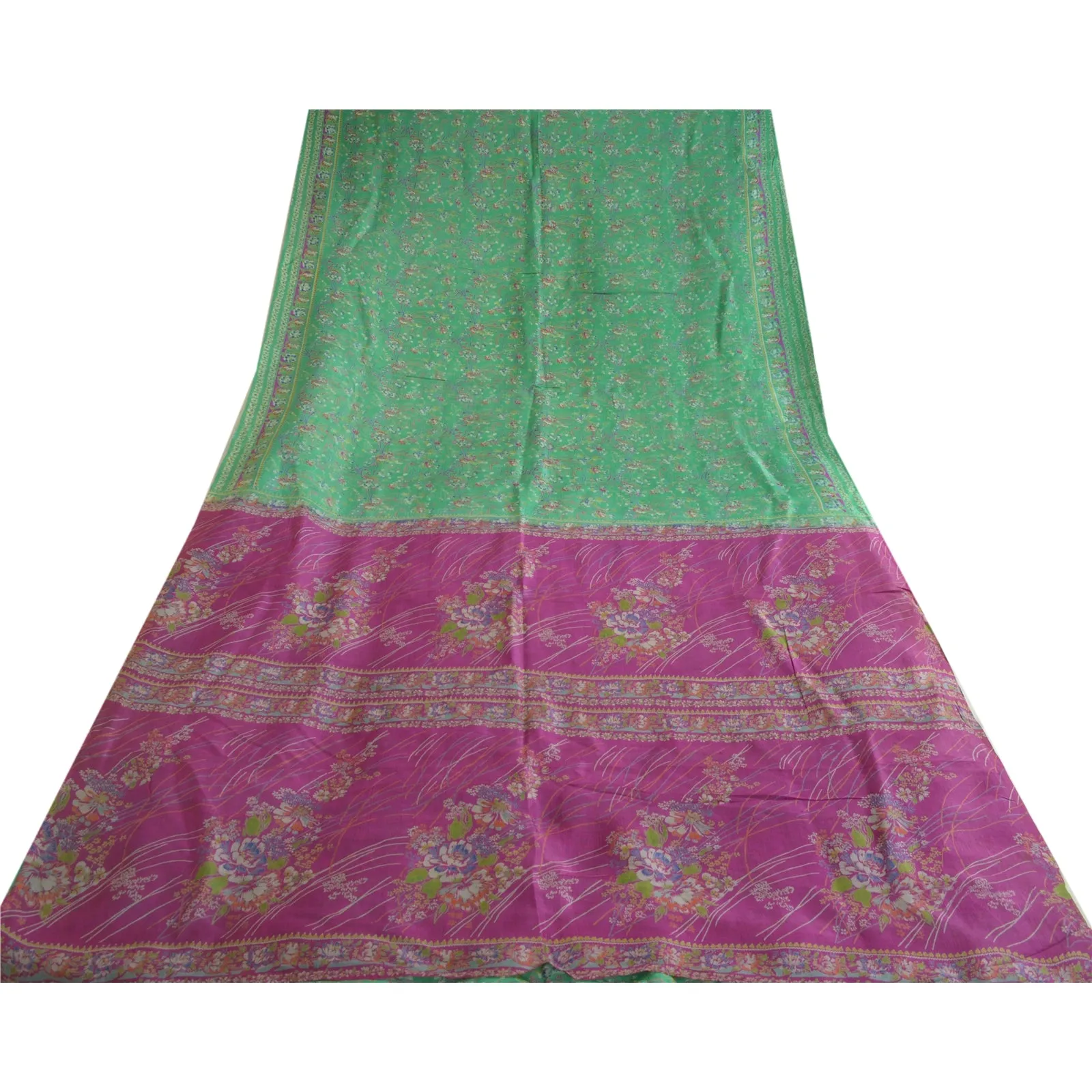 Sanskriti Vintage Purple/Green Sarees 100% Pure Silk Printed Sari Craft Fabric