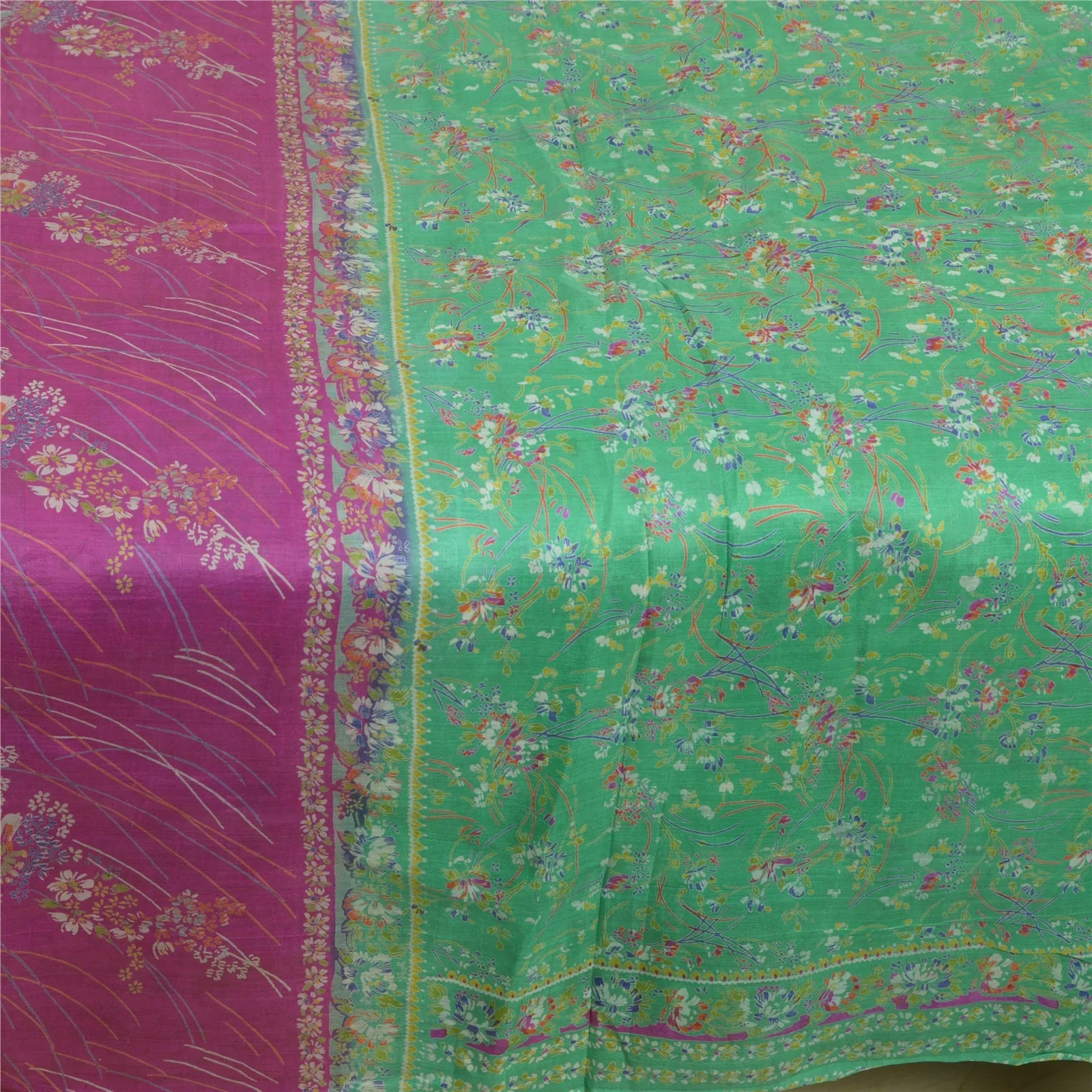 Sanskriti Vintage Purple/Green Sarees 100% Pure Silk Printed Sari Craft Fabric