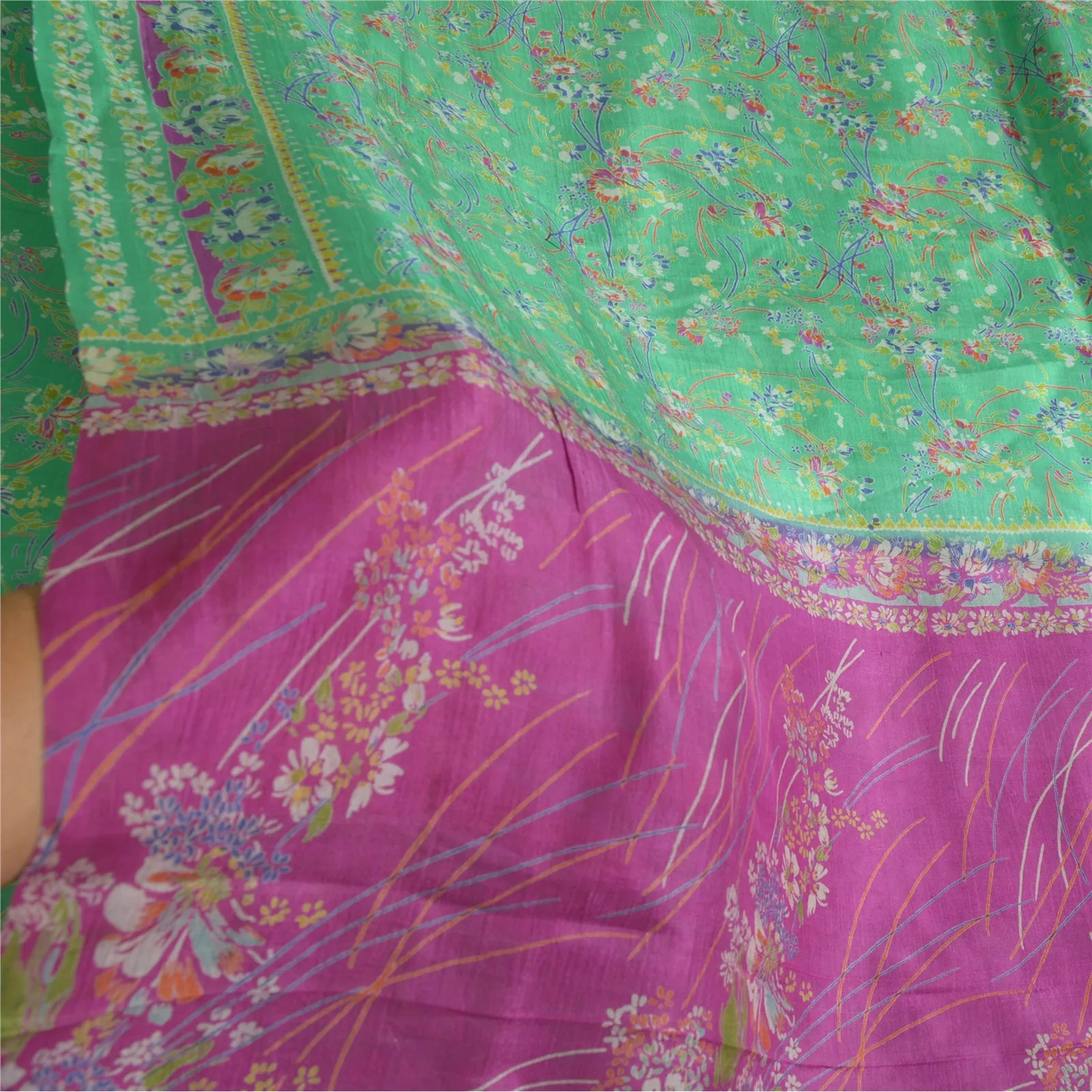 Sanskriti Vintage Purple/Green Sarees 100% Pure Silk Printed Sari Craft Fabric