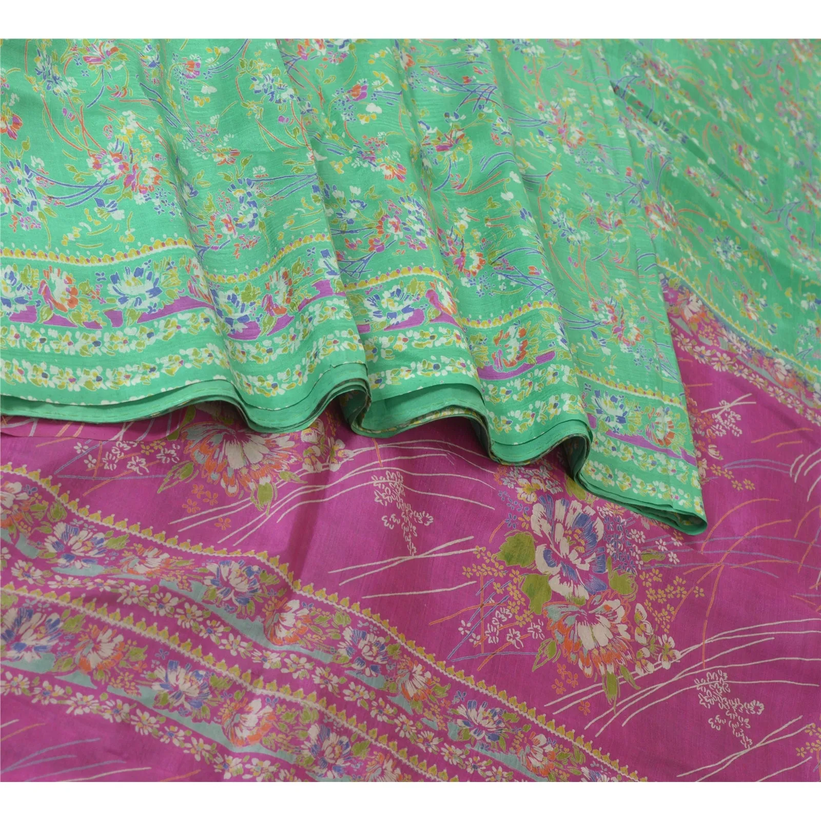 Sanskriti Vintage Purple/Green Sarees 100% Pure Silk Printed Sari Craft Fabric