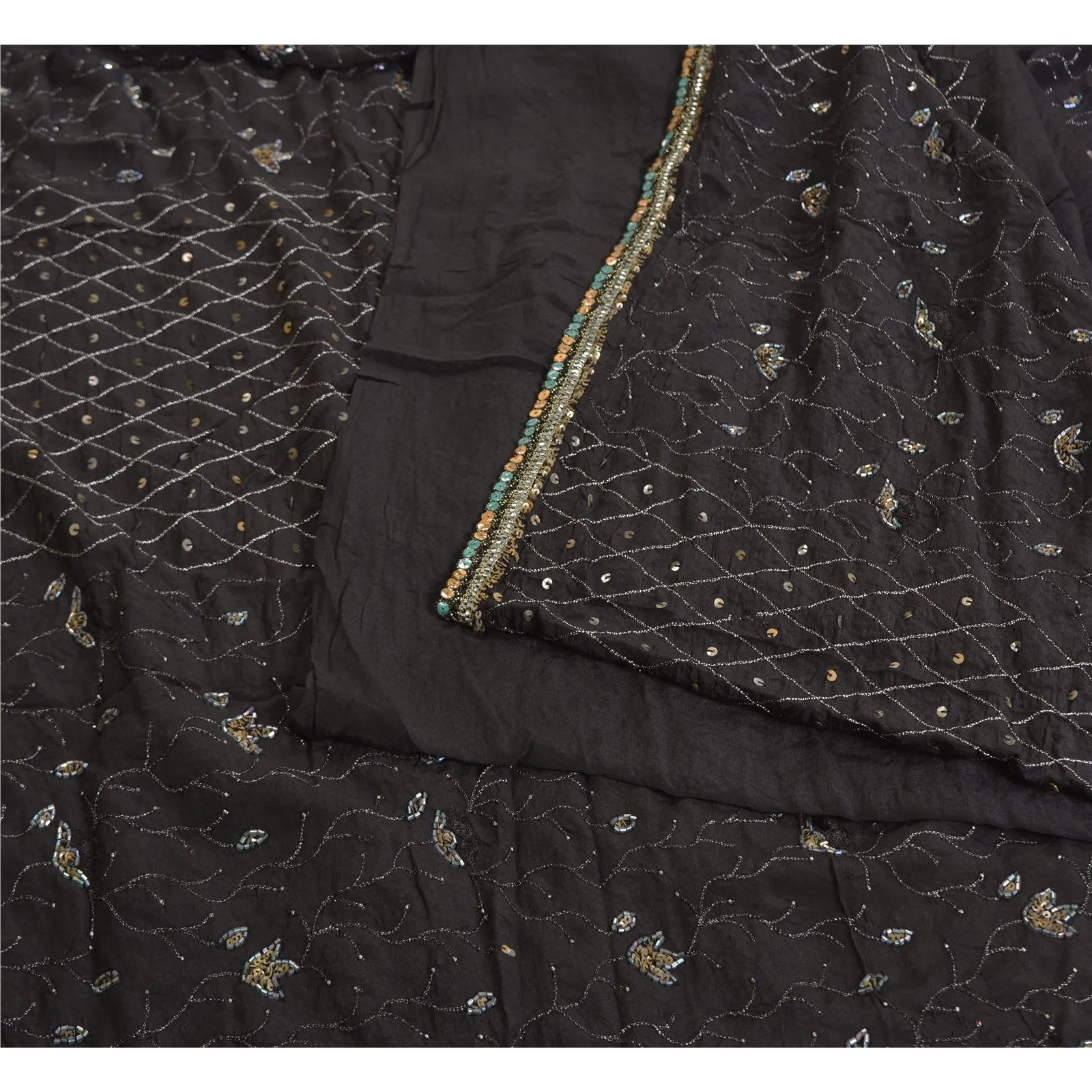 Sanskriti Vintage Sarees Black Hand Beaded Pure Crepe Silk Sari 5yd Craft Fabric