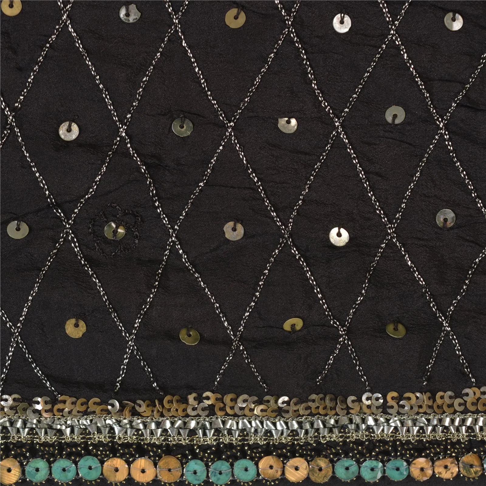 Sanskriti Vintage Sarees Black Hand Beaded Pure Crepe Silk Sari 5yd Craft Fabric