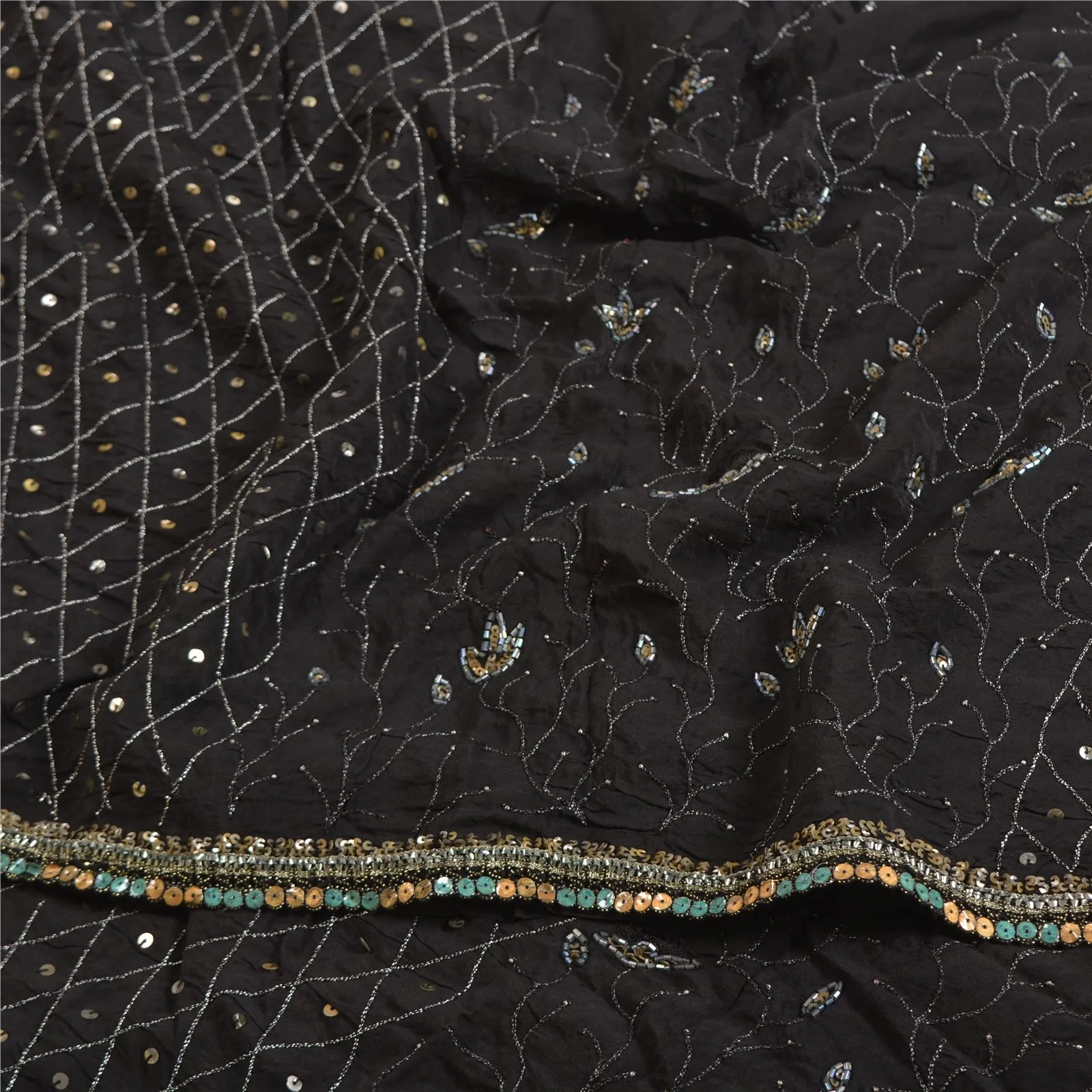 Sanskriti Vintage Sarees Black Hand Beaded Pure Crepe Silk Sari 5yd Craft Fabric