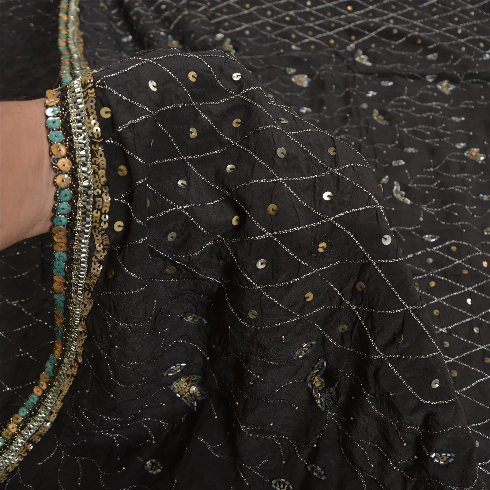 Sanskriti Vintage Sarees Black Hand Beaded Pure Crepe Silk Sari 5yd Craft Fabric