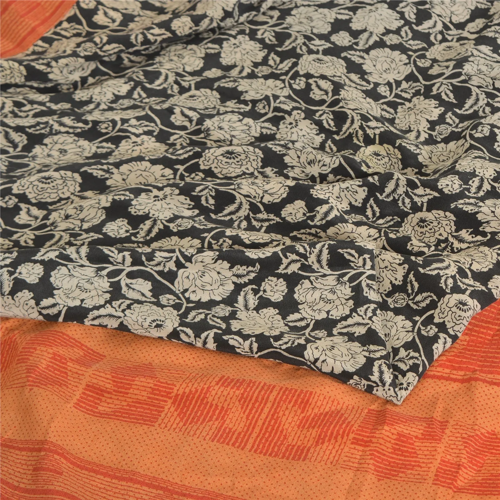 Sanskriti Vintage Sarees Black Pure Crepe Silk Printed Sari Floral Craft Fabric