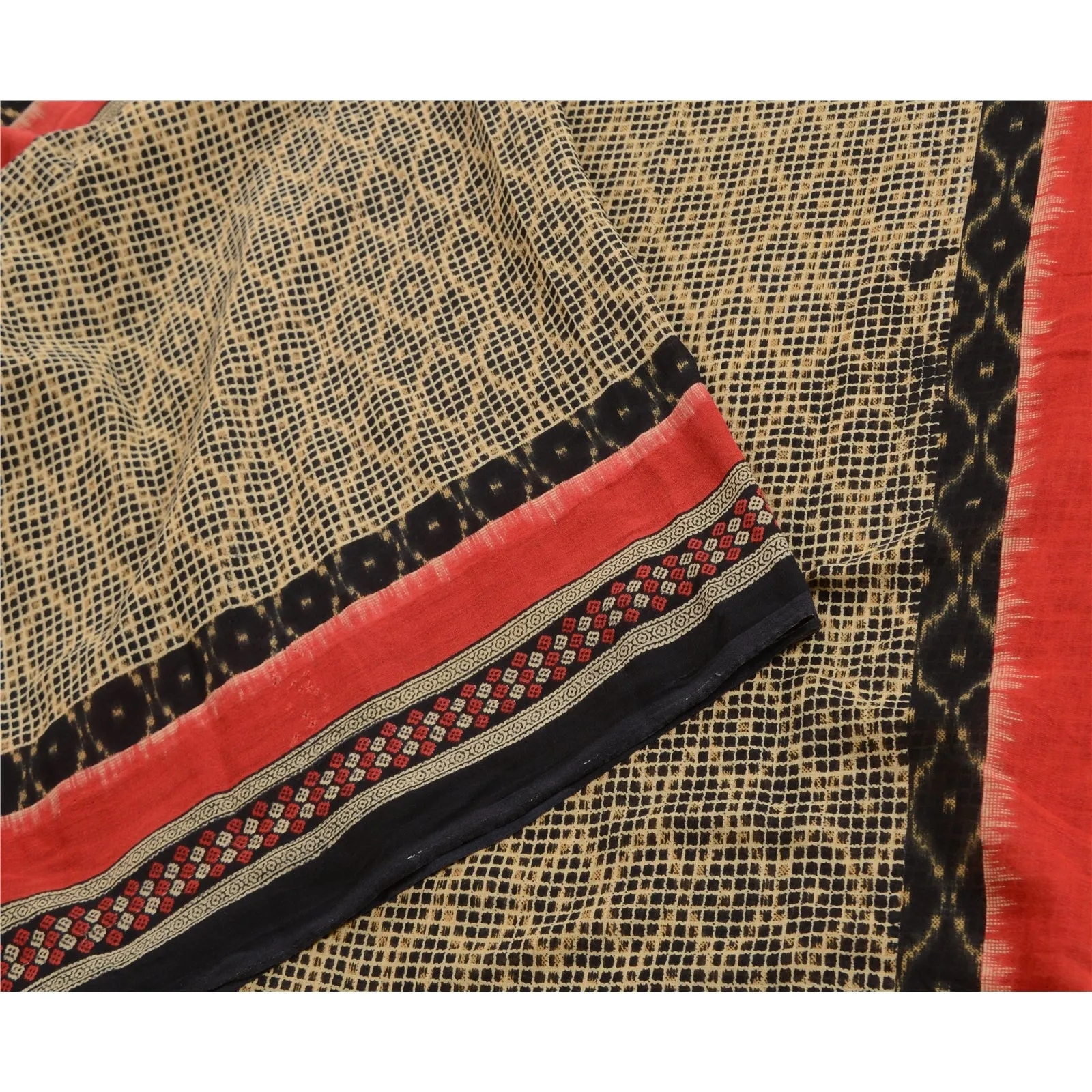 Sanskriti Vintage Sarees Black Sambhalpuri Ikat Printed Pure Cotton Sari Fabric