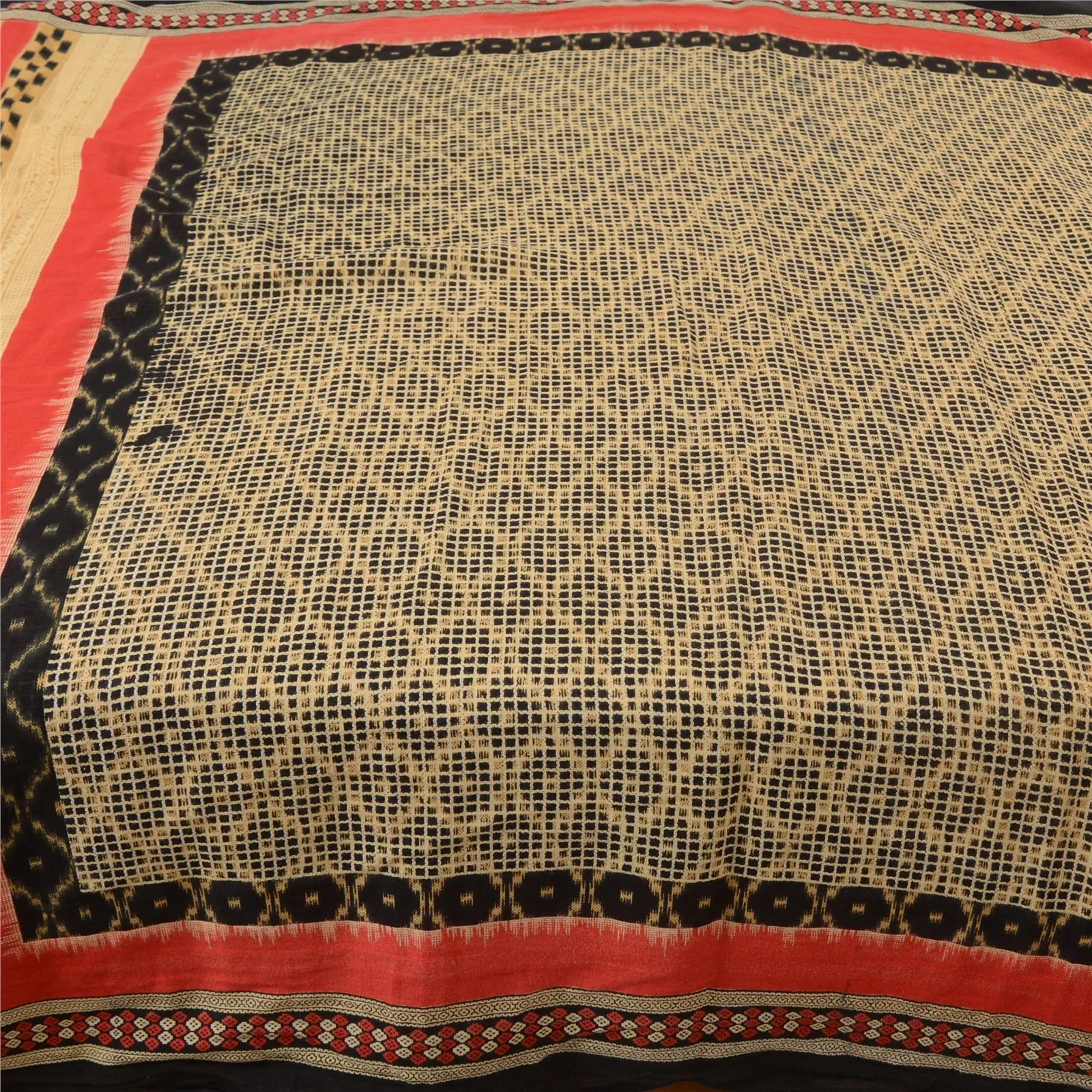 Sanskriti Vintage Sarees Black Sambhalpuri Ikat Printed Pure Cotton Sari Fabric