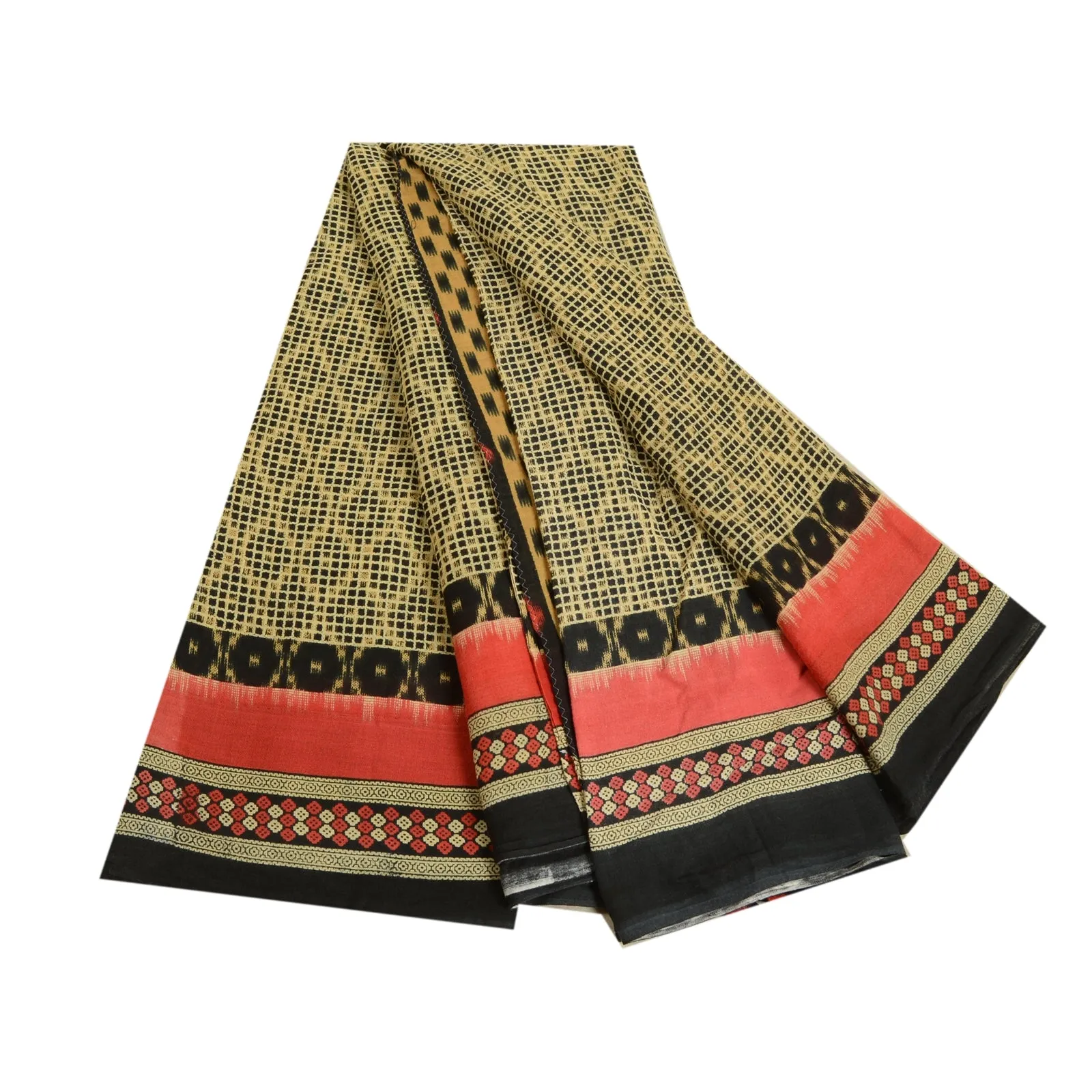 Sanskriti Vintage Sarees Black Sambhalpuri Ikat Printed Pure Cotton Sari Fabric