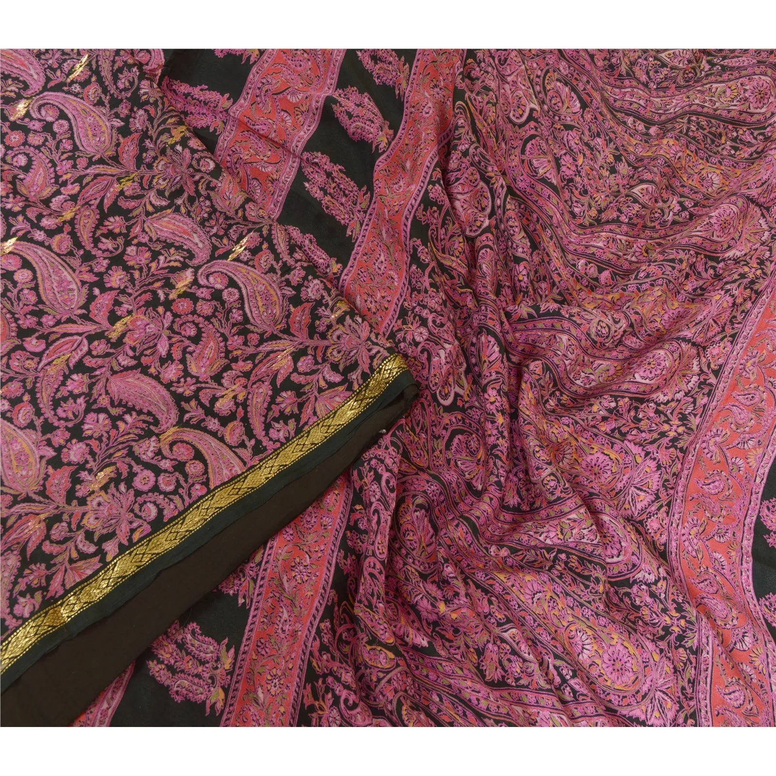 Sanskriti Vintage Sarees Black/Pink Pure Silk Printed Sari 5yd Soft Craft Fabric