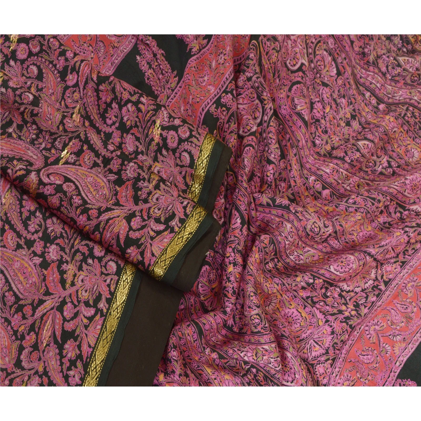 Sanskriti Vintage Sarees Black/Pink Pure Silk Printed Sari 5yd Soft Craft Fabric