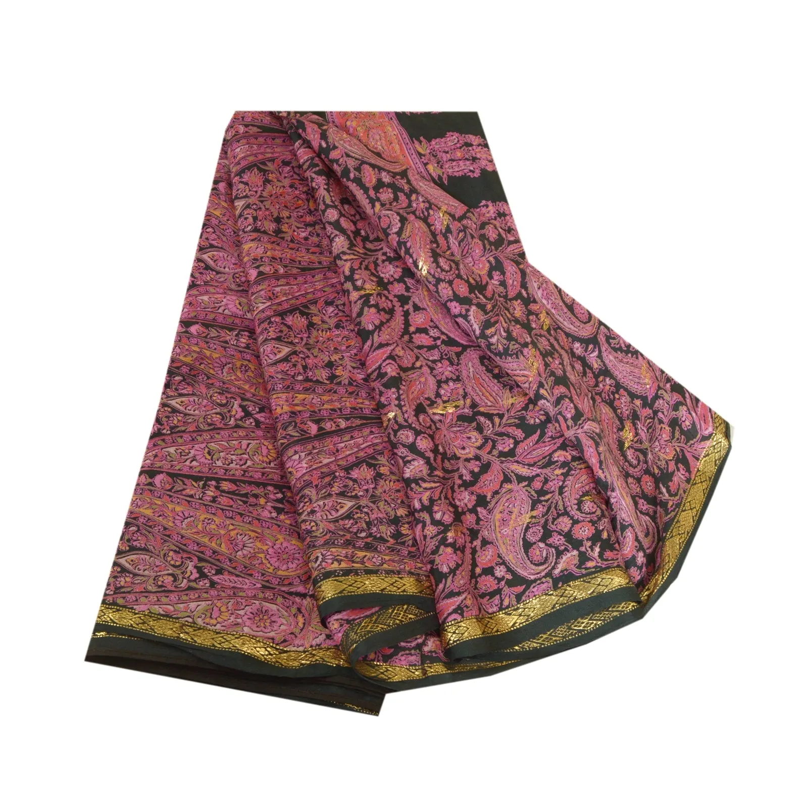 Sanskriti Vintage Sarees Black/Pink Pure Silk Printed Sari 5yd Soft Craft Fabric