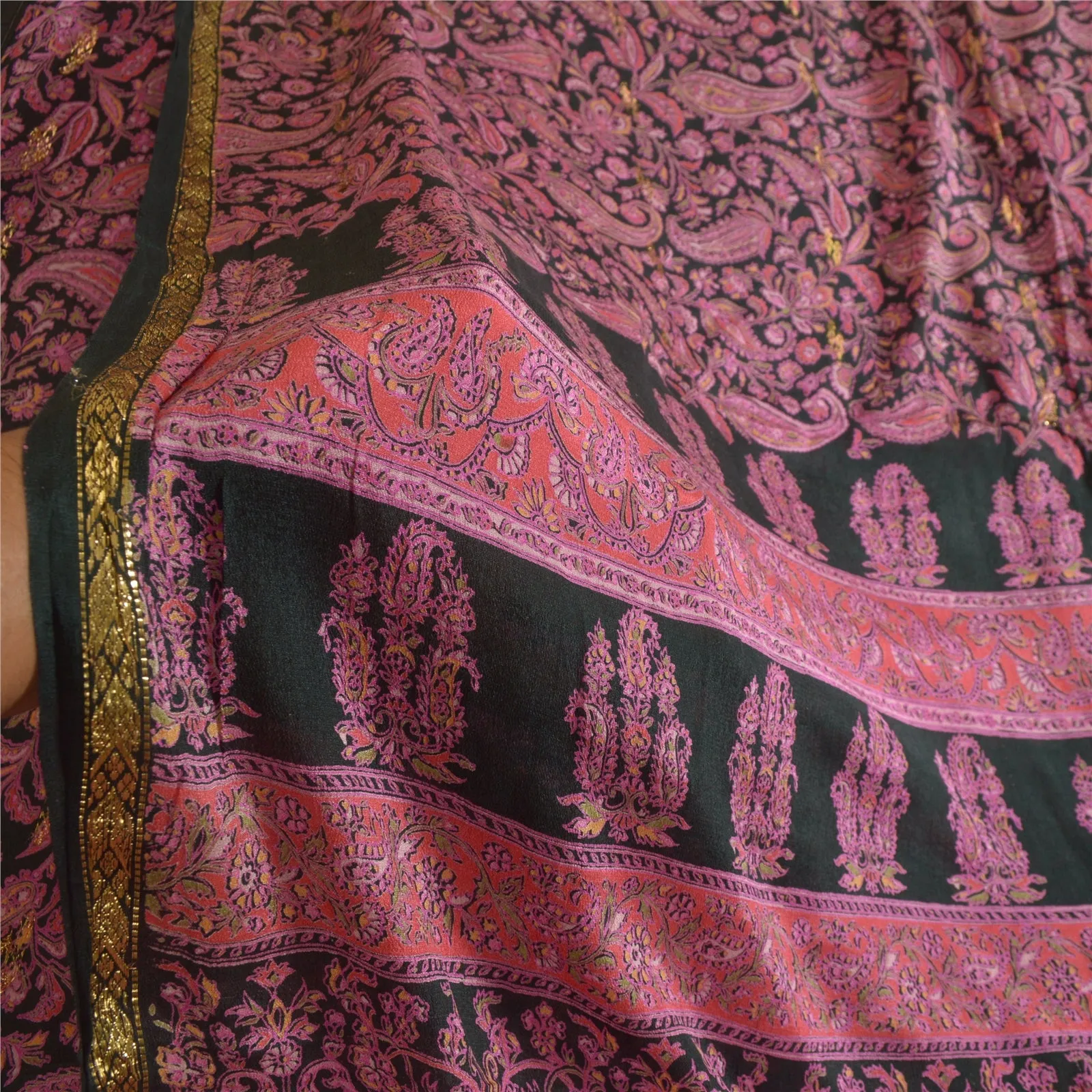 Sanskriti Vintage Sarees Black/Pink Pure Silk Printed Sari 5yd Soft Craft Fabric