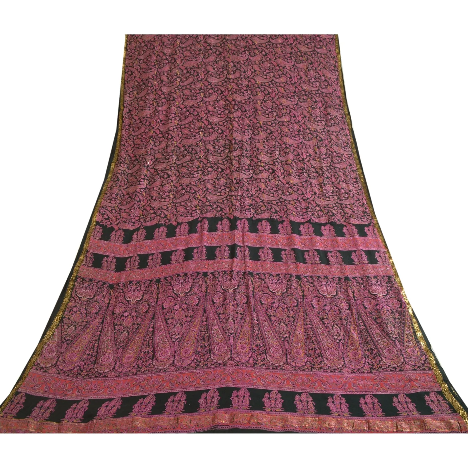 Sanskriti Vintage Sarees Black/Pink Pure Silk Printed Sari 5yd Soft Craft Fabric