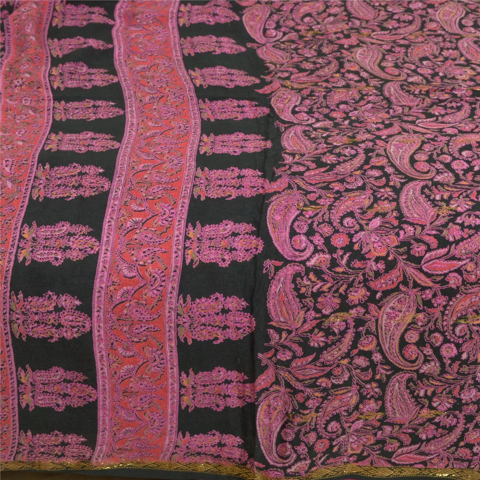 Sanskriti Vintage Sarees Black/Pink Pure Silk Printed Sari 5yd Soft Craft Fabric